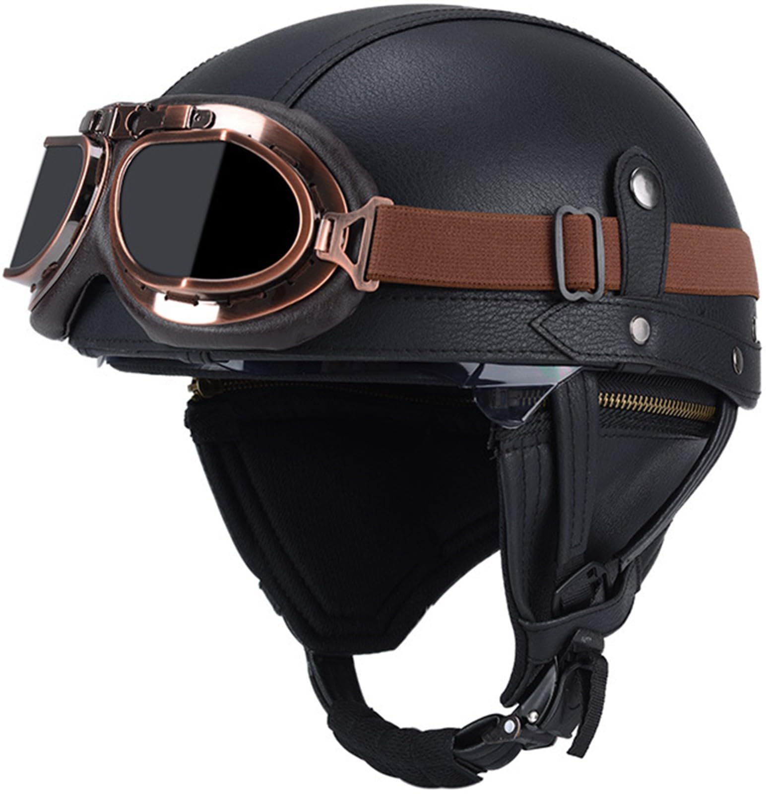 Cool German Style Leather Motorcycle Half Helmet with Goggles and Free Sun Visor Cap for Adult Men Women Cruiser Scooter ECE/DOT Approved D,M(57-58CM