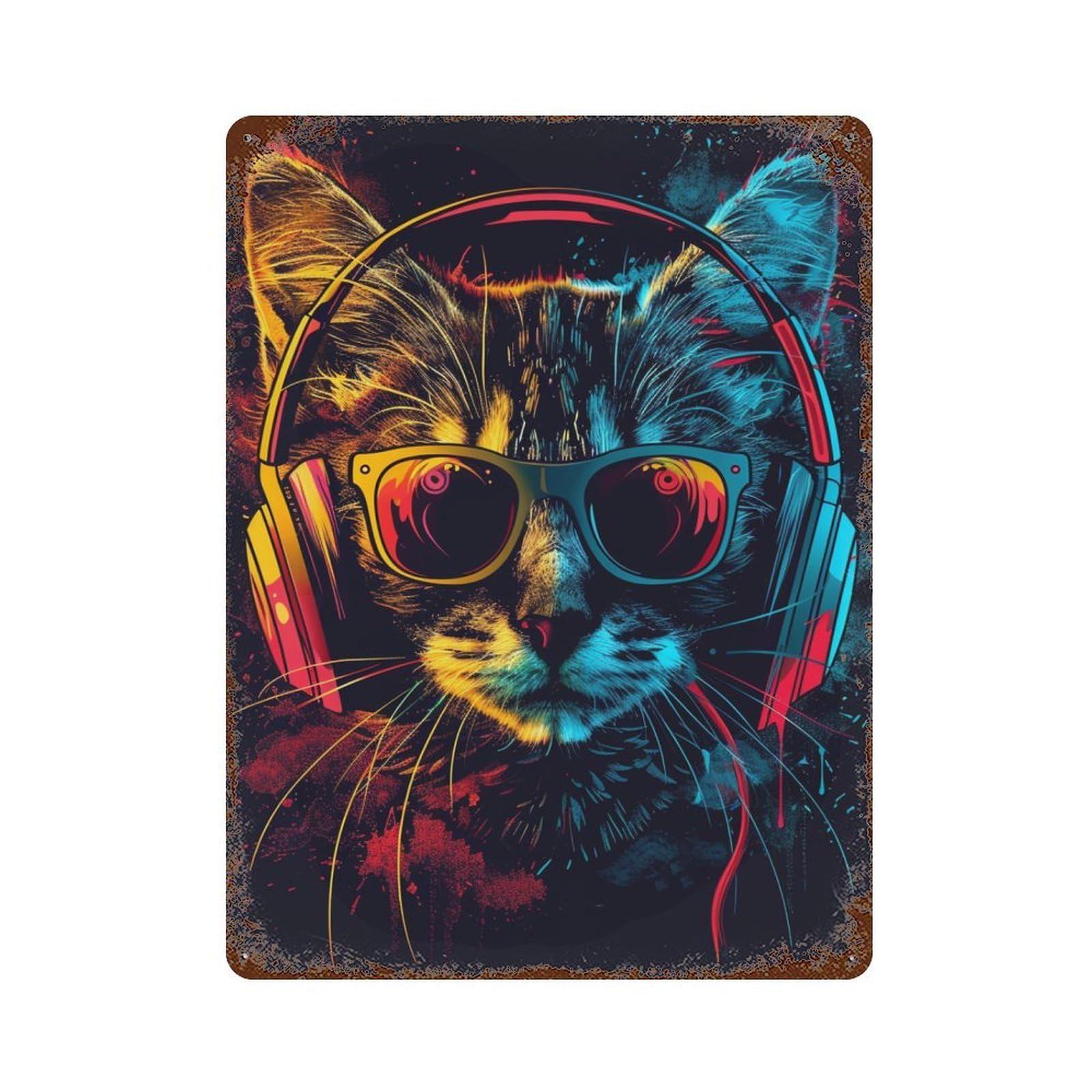 Rust Effect Colorful Cat with Headphones Rustic Tin Plaque 15.7"x11.8", Old School Wall Decor for Shed, Workshop And Garage Wall Decor