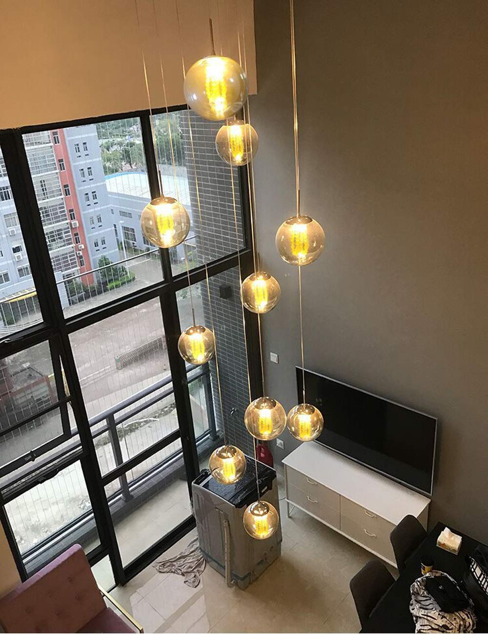 SXECAEPS Modern creative chandelier 11 Lights Staircase Modern Dining Room Lamp Round Spherical Duplex Villa Rotating Building Large Living Long 50x150cm
