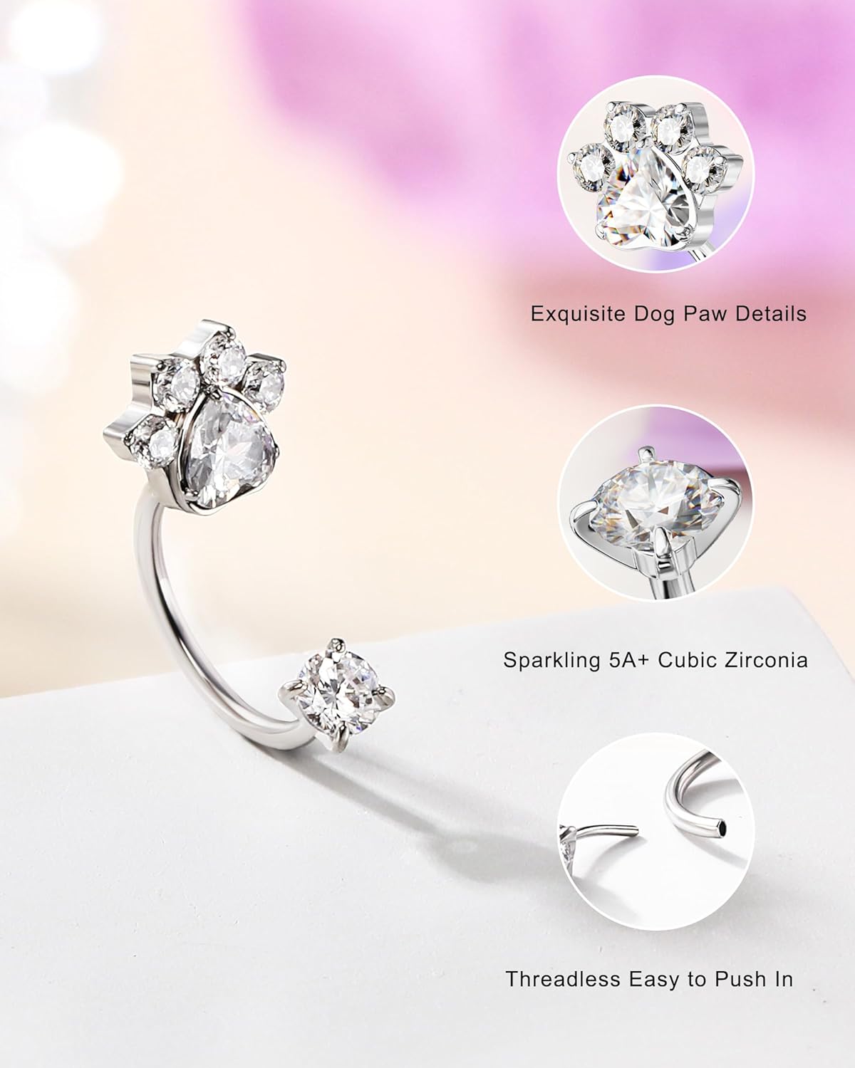 Jewseen 20G Horseshoe Nose Ring 7MM Threadless Nose Piercing Jewelry Push Pin 316L Surgical Steel Nose Ring for Women Double Cubic Zirconia Septum Lip Daith Conch Piercing Jewelry Hypoallergenic - Image 6