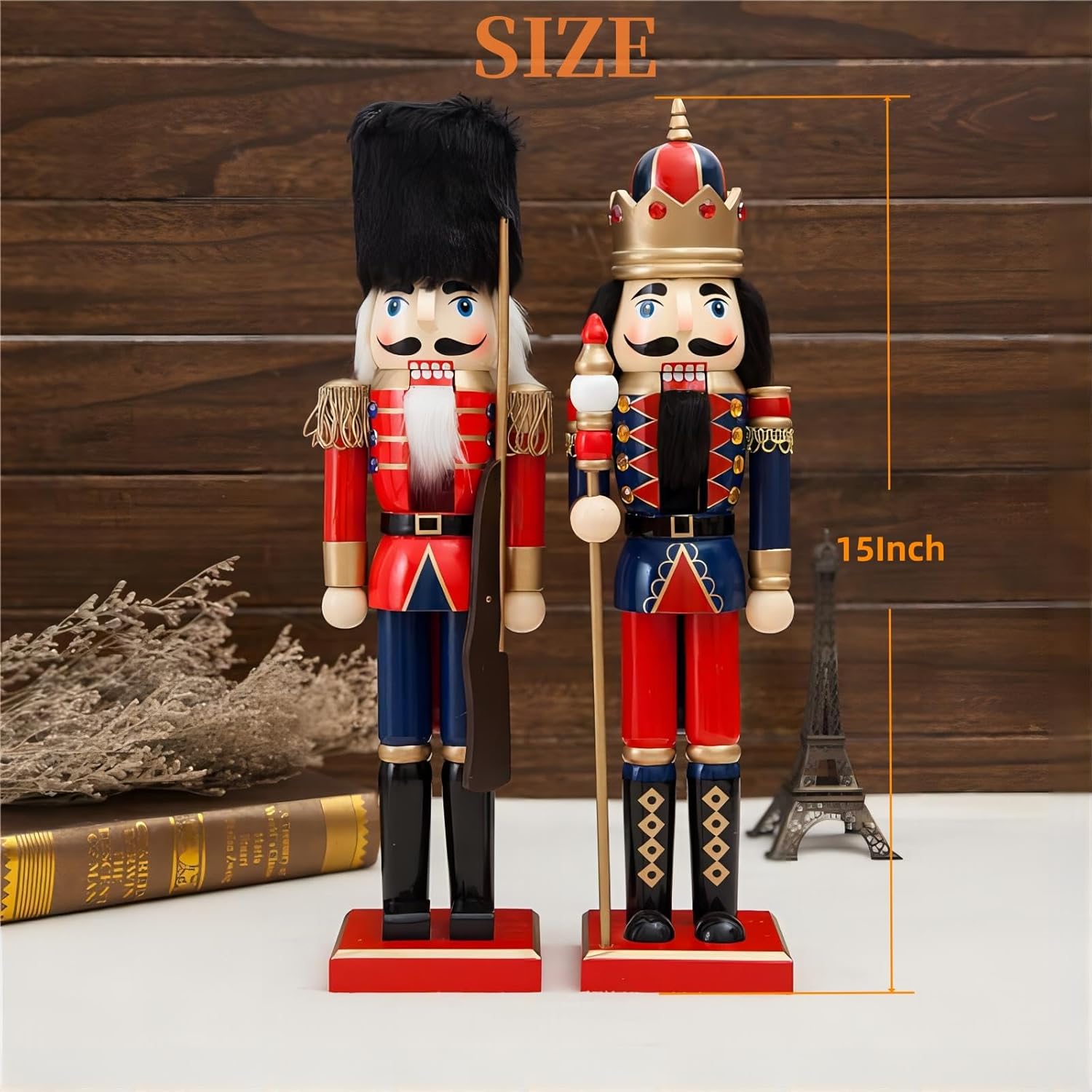 2PC Nutcracker Figures Set of 15 Inch Christmas Decorative, Nutcracker Puppet Wooden Pure Hand-Painted Nutcracker, Festive Collectible Puppet Toy Kids Gifts Christmas Decorations (15Inch-BB)