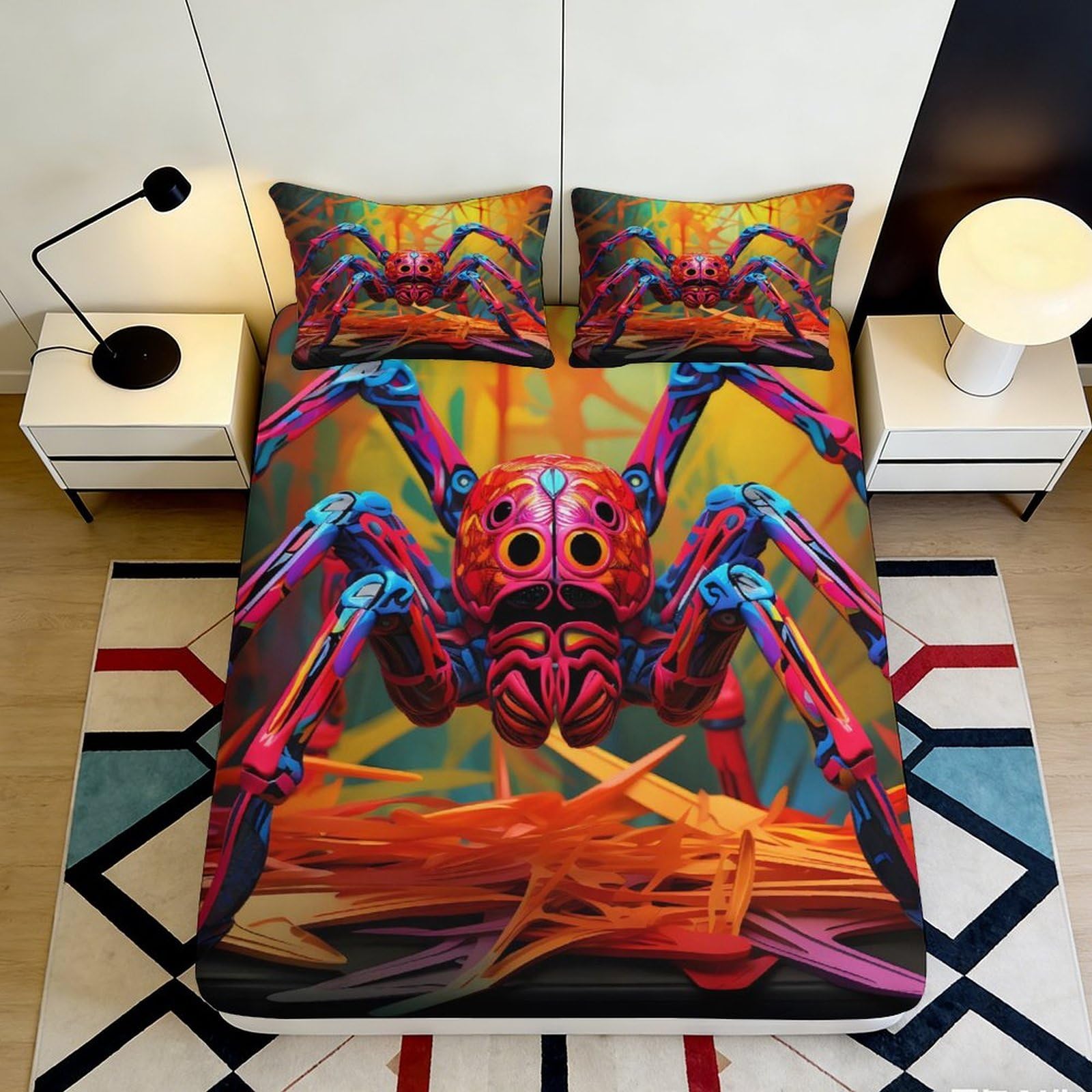 3D Printed Colorful Spider Fitted Sheet Microfiber Soft Breathable Vibrant Spider Web Bed Cover for Bedroom Dormitory Guest Room Mattress Protection 180x200x25cm