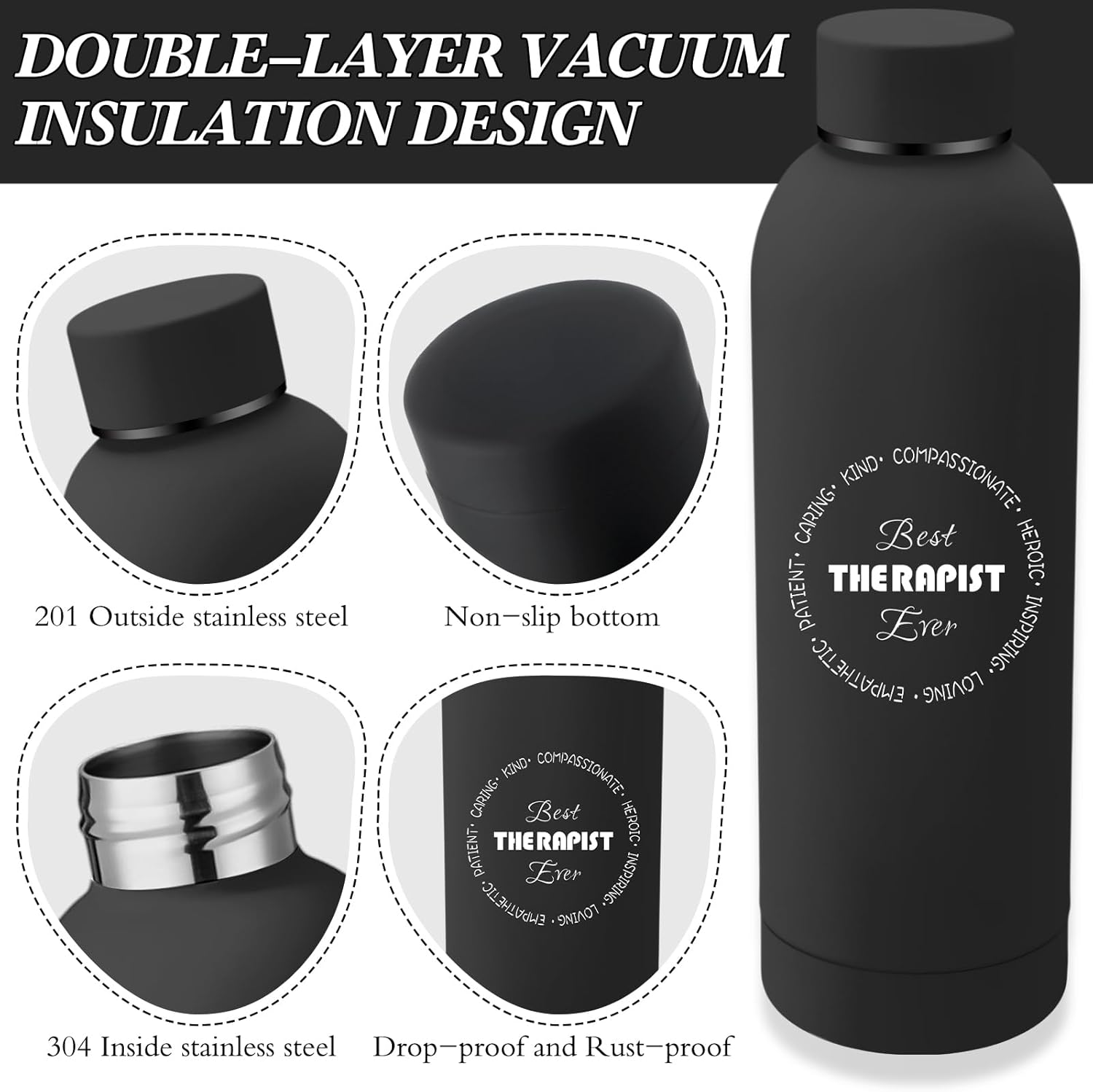 Marspark 6 Pcs Christmas Therapy Appreciation Gifts for Women, with Stainless Steel Water Bottle, Printed Bag, and Pen A5 Notebook Makeup Bag Set for Appreciation Gift Mental Healthy Psychology(black) - Image 3