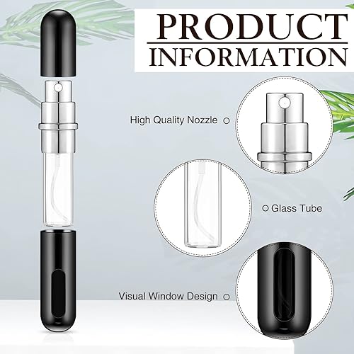 Miniatura 3 de Atomizador de perfume recargable negro brillante, mini botella de spray de 0.2 fl oz con 10 bombas dispensadoras, estuche para botella de perfume de