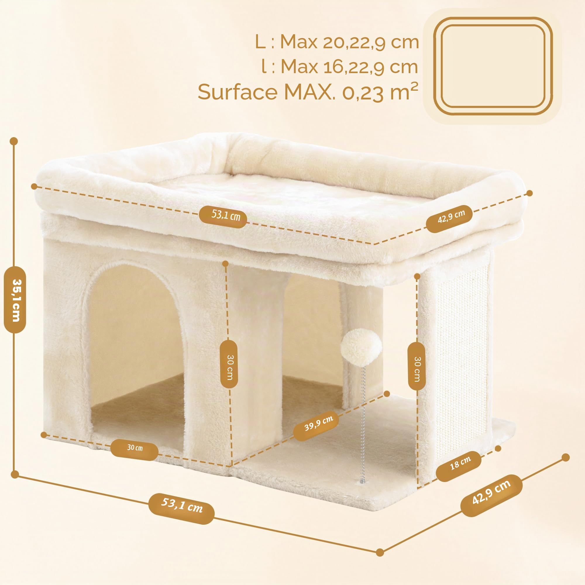 Heybly Arbre à Chat, Tour de 35 cm avec Grande Plateforme de Repos et Cabane pour Chats Adultes d'Intérieur, Poteaux à Griffes et Balle à Ressort Interactive Inclus, Beige HCT203SM