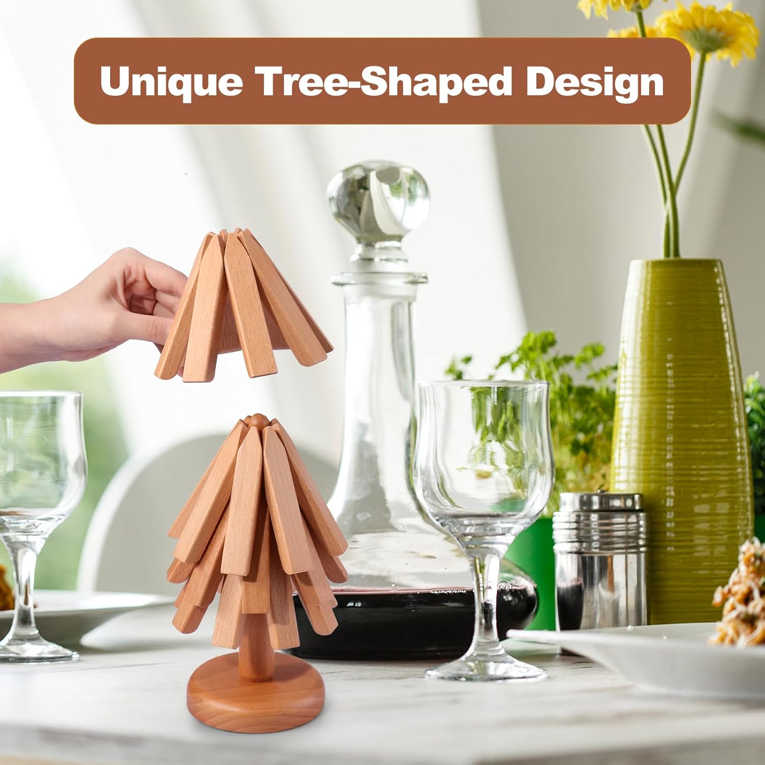 Wooden Trivets for Hot Dishes - 4 Walnut Wood Trivet Tree Shape Table Insulation Mat Set for Hot Pots and Pans Collapsible Coasters Heat Resistant Pads for Kitchen Counter Beech Wood
