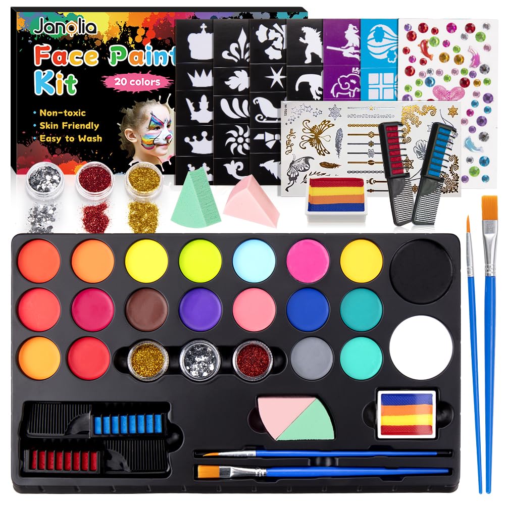 Janolia Gesichtsfarbe Kinderschminken Set, Bodypainting Farben für Theaterschminke, Kinderschminke Wasserbasis, 20 Farben Faschingsschminke Face Paint, Ideal Kinderschminke Set für Halloween Karneval