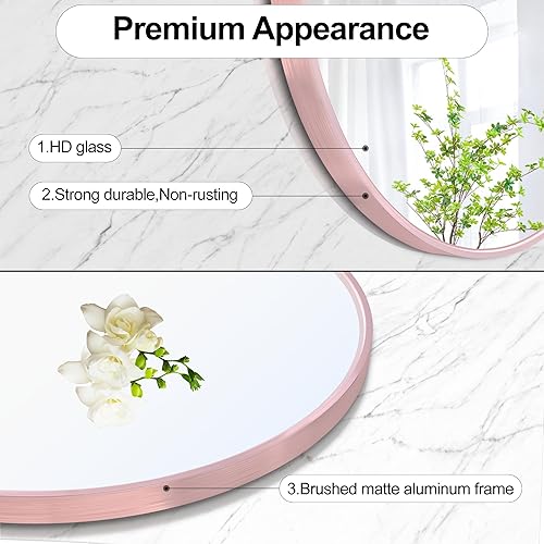 Miniatura 3 de Heymirro Espejo redondo de baño de 24 pulgadas con aleación de aluminio de oro rosa con marco mate, espejos circulares para pared, dormitorio,