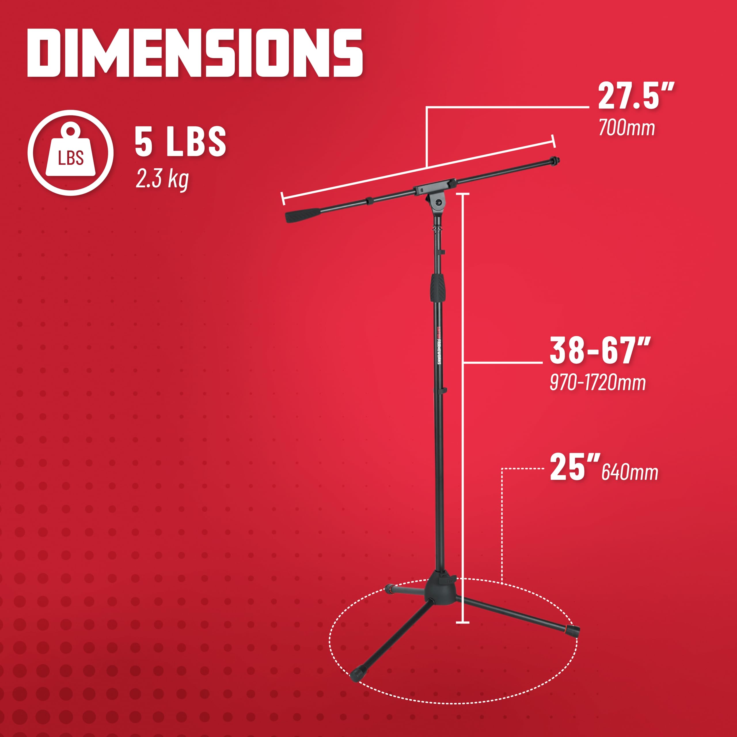 Gator Frameworks Pied de micro trépied standard avec bras articulé, adaptateurs 3/8" et 5/8" (GFW-MIC-2010)
