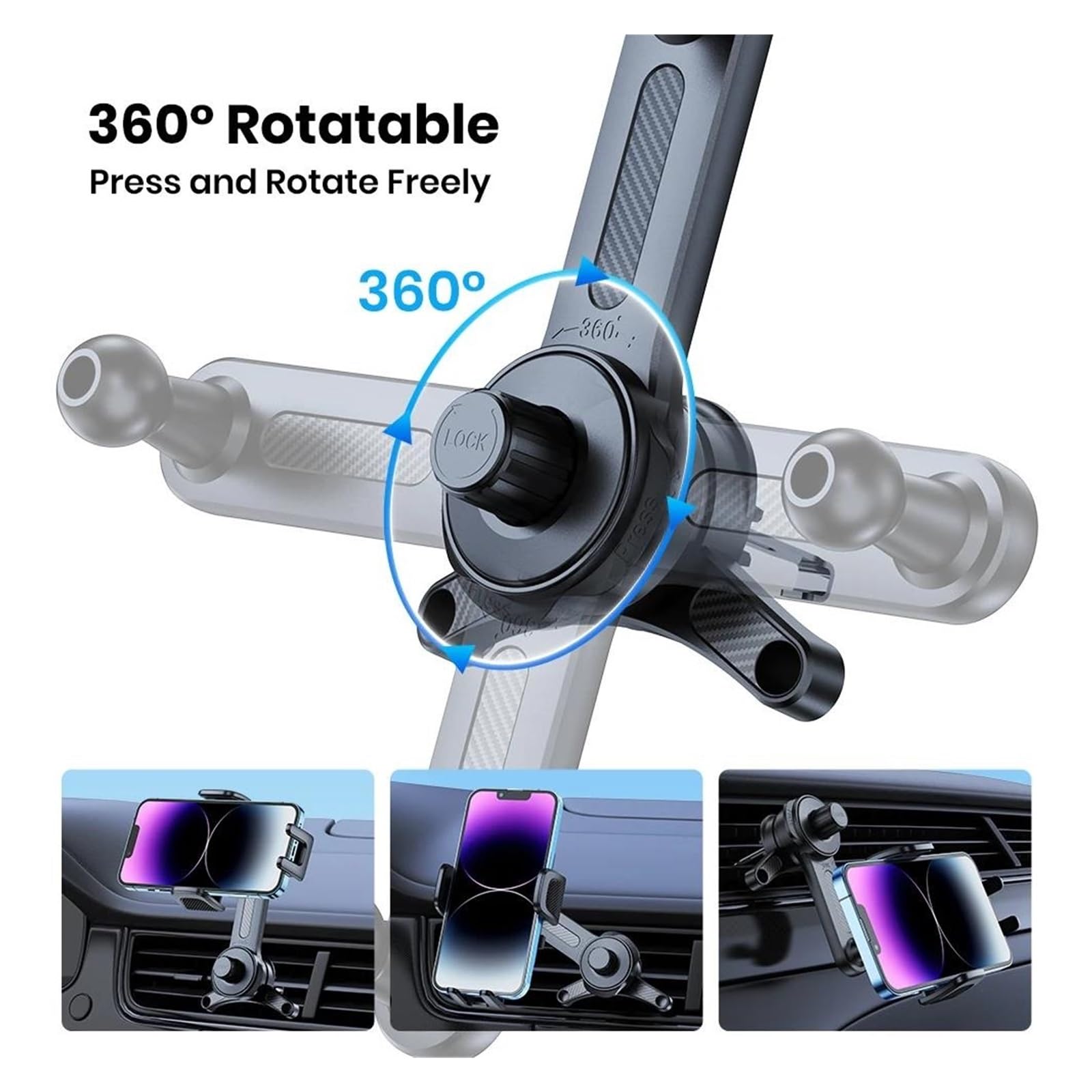 Porta Cellulare Auto Supporto per cellulare con presa d'aria per auto, gancio metallico retrattile a tre punti di supporto