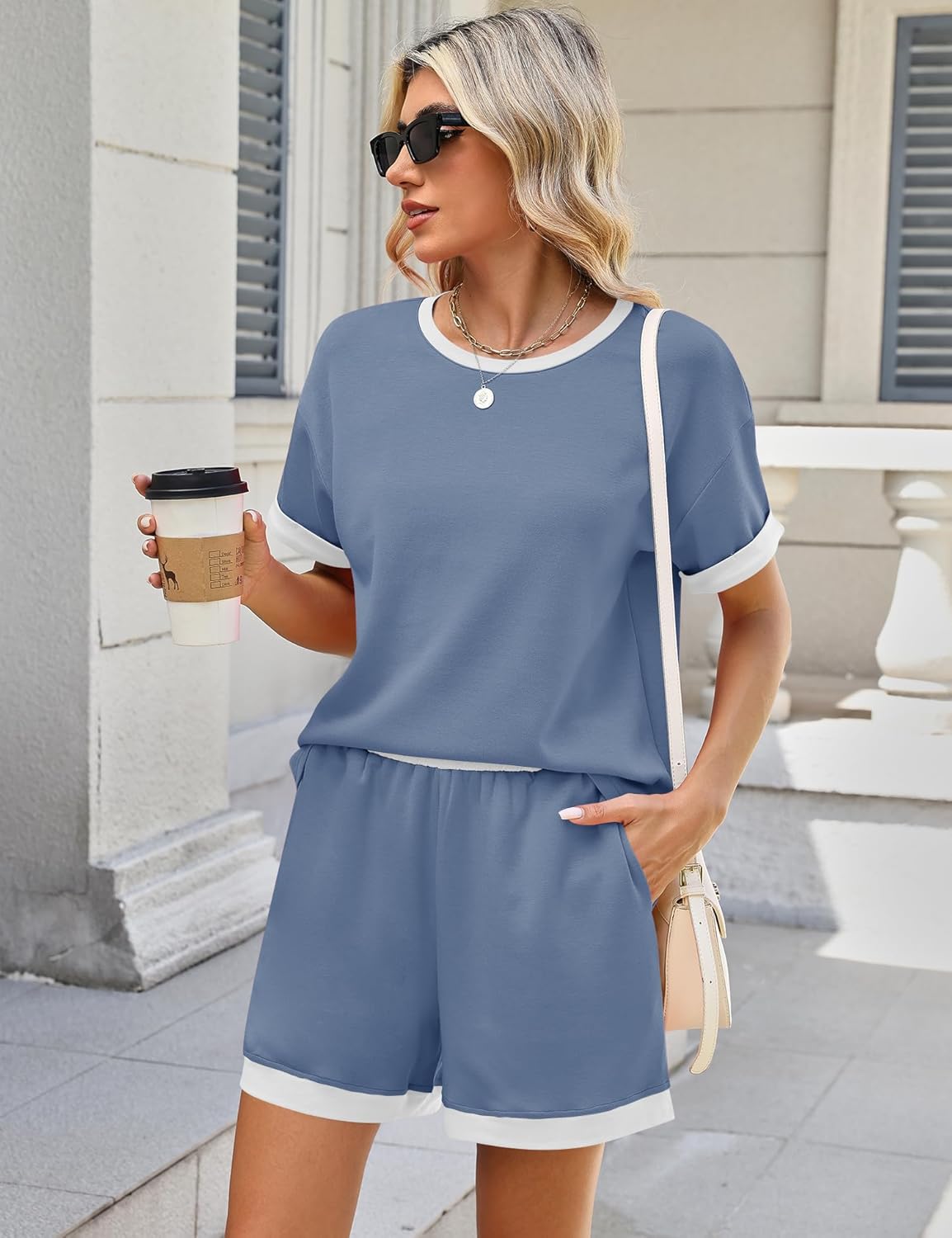 Blingfit Womens 2 Piece Lounge Set Short Sleeve Summer Vacation Outfits Casual Matching Sets Soft Shorts with Pockets - Image 3