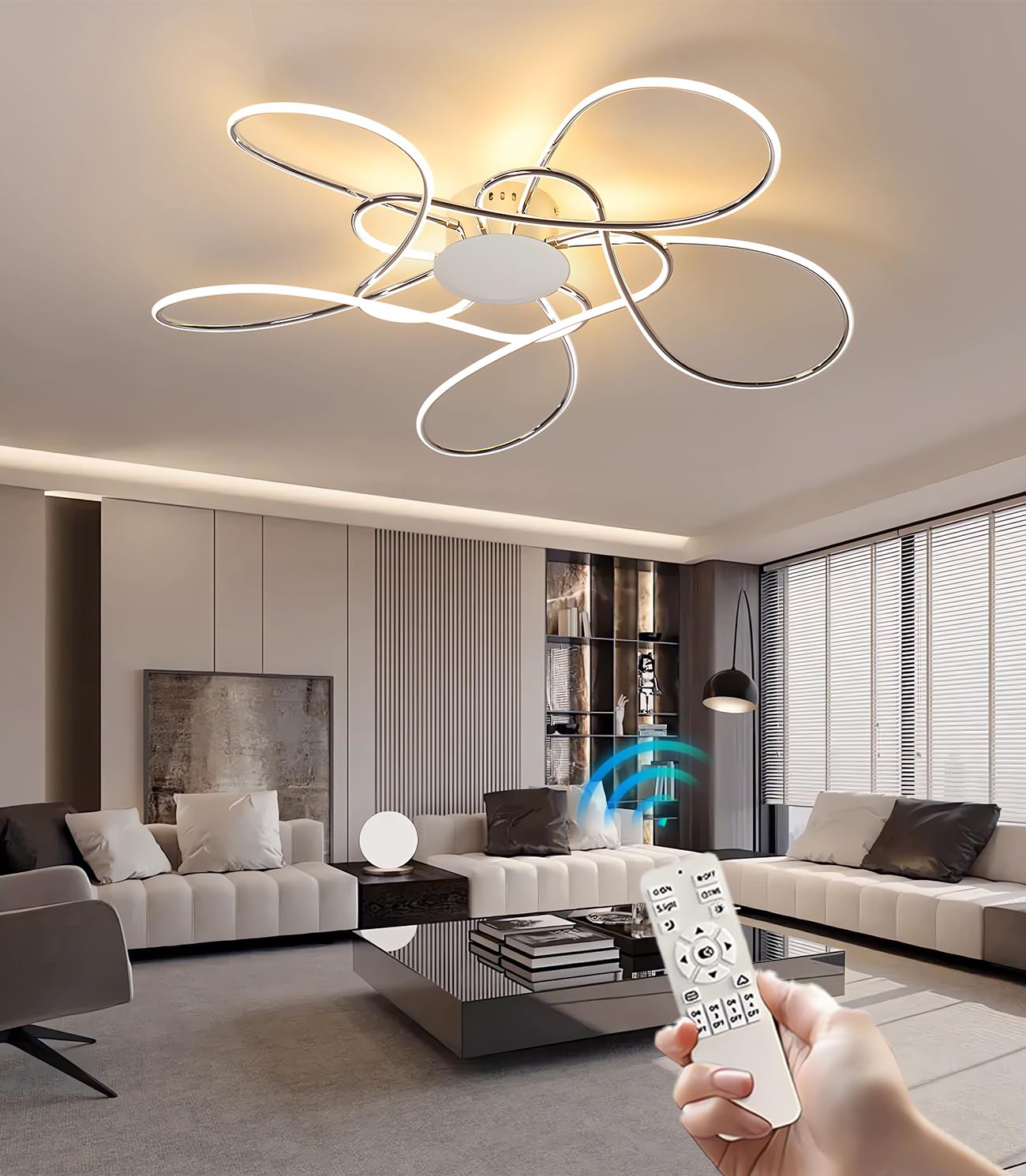 LED ceiling lights Modern creative ceiling lighting fixtures Dimmable with remote control Electroplated aluminium ceiling lamp Suitable for living rooms, bedrooms, kitchens and dining (Chrome, Φ90cm)