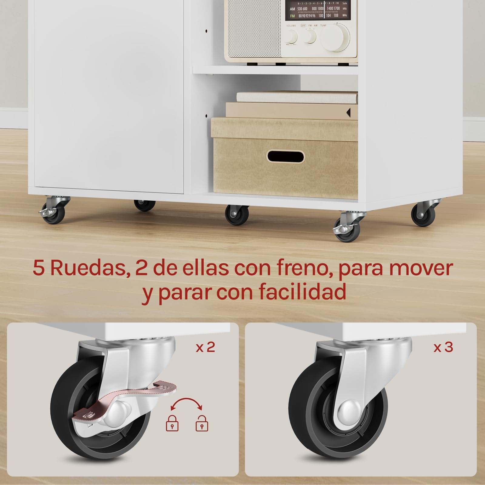 WOLTU Armario para Impresora con Ruedas, Almacenamiento Multifuncional | de Oficina con 3 Estantes Abiertos y 2 Ocultos Tras Puerta, 60x35x70 cm, Blanco