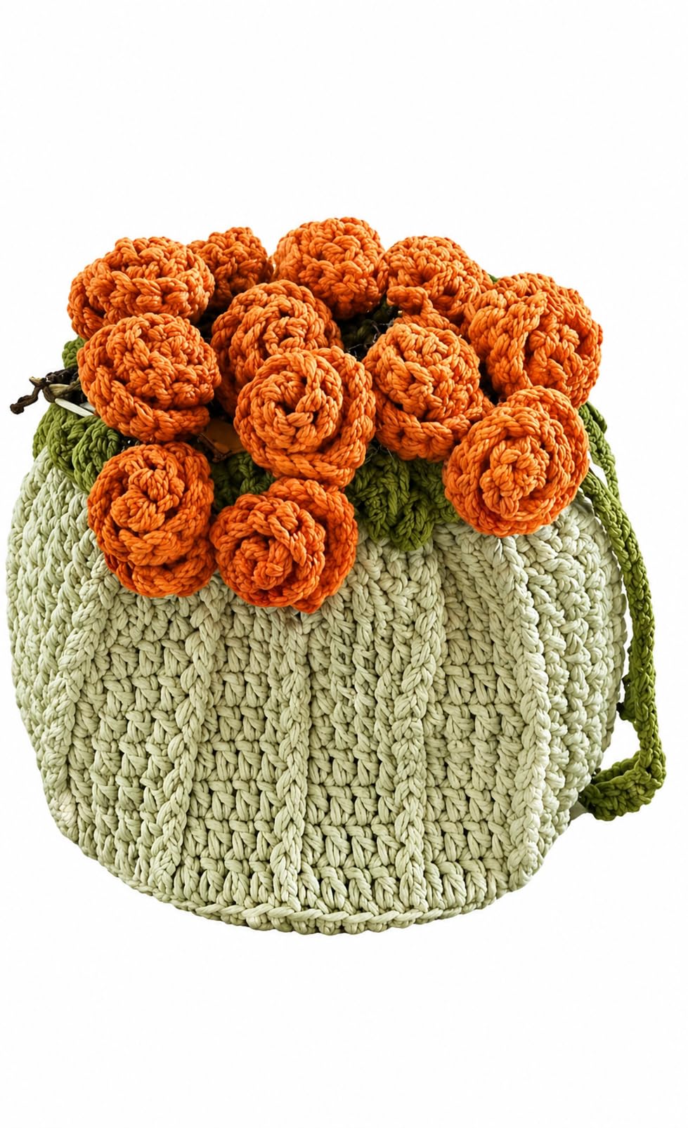 RHC Handmade Crochet Bucket Bag with 3D Orange Rose Floral Embellishment, Cream, Medium, Women's Crossbody Handbag 18×18-picture-29