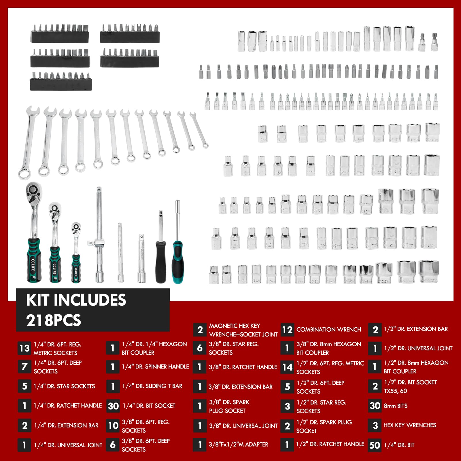CCLIFE 218 Pezzi Set di Chiavi a Bussola Cr-V con Cricchetto 72 Denti, Bussole und Ed Inserti, Maniglia Girevole, Barra di Prolunga, Kit di Attrezzi Meccanici per Auto