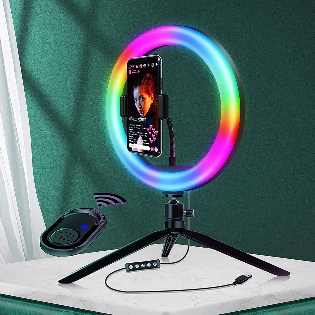 Anello Luminoso da Tavolo da 10" con Treppiede e Supporto del Telefono e Telecomando, Sincronizzazione con la Musica, per Video Youtube, Vlog, Trucco, Fotocamera, 2pcs