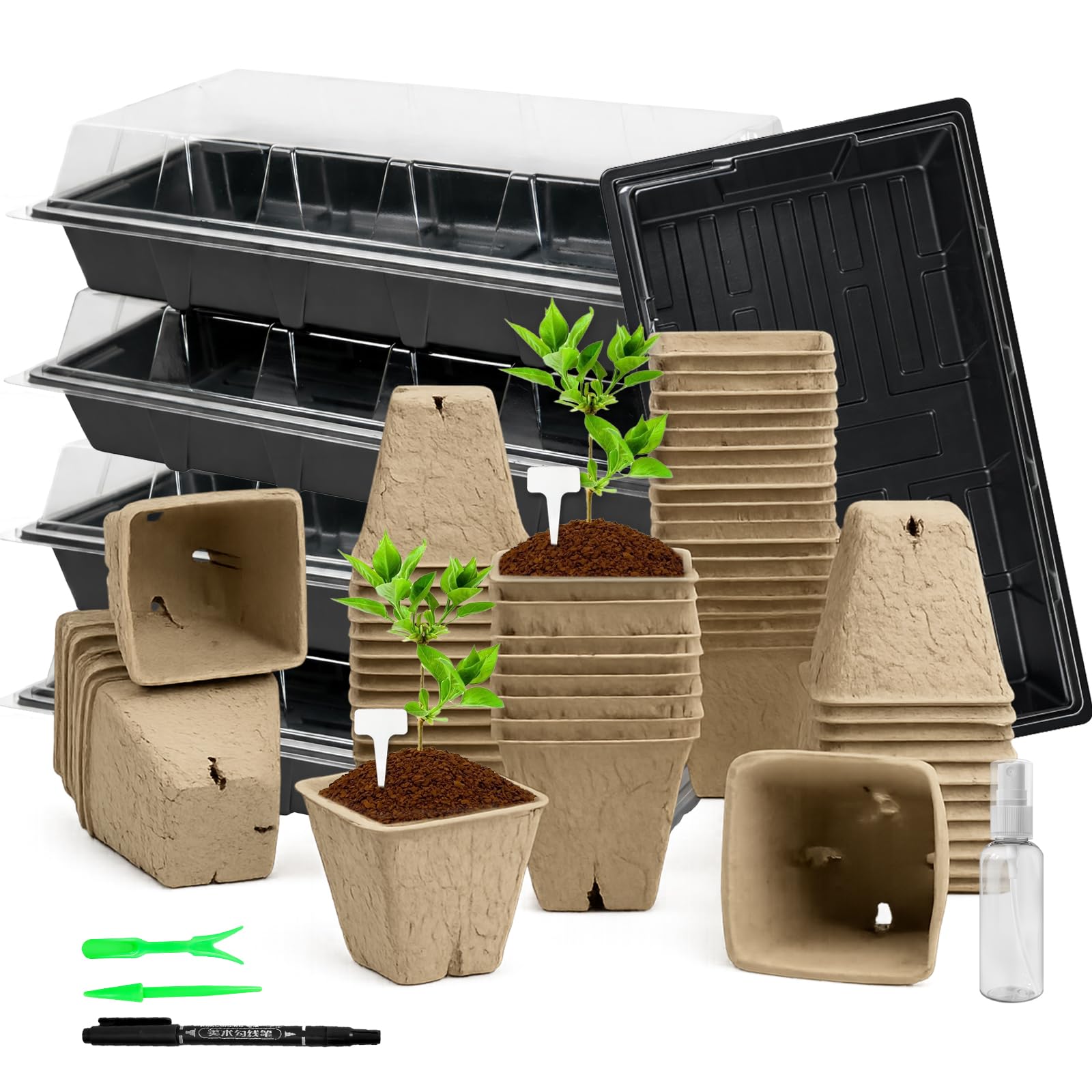 SYBYZF Seed Starter Kit–100 Biodegradable Seed Pots, 5 Seed Trays with Crystal Lids, 20 Plant Labels, 2 Tools, 1 Marker & 1 Spray Bottle for Indoor & Outdoor Gardening