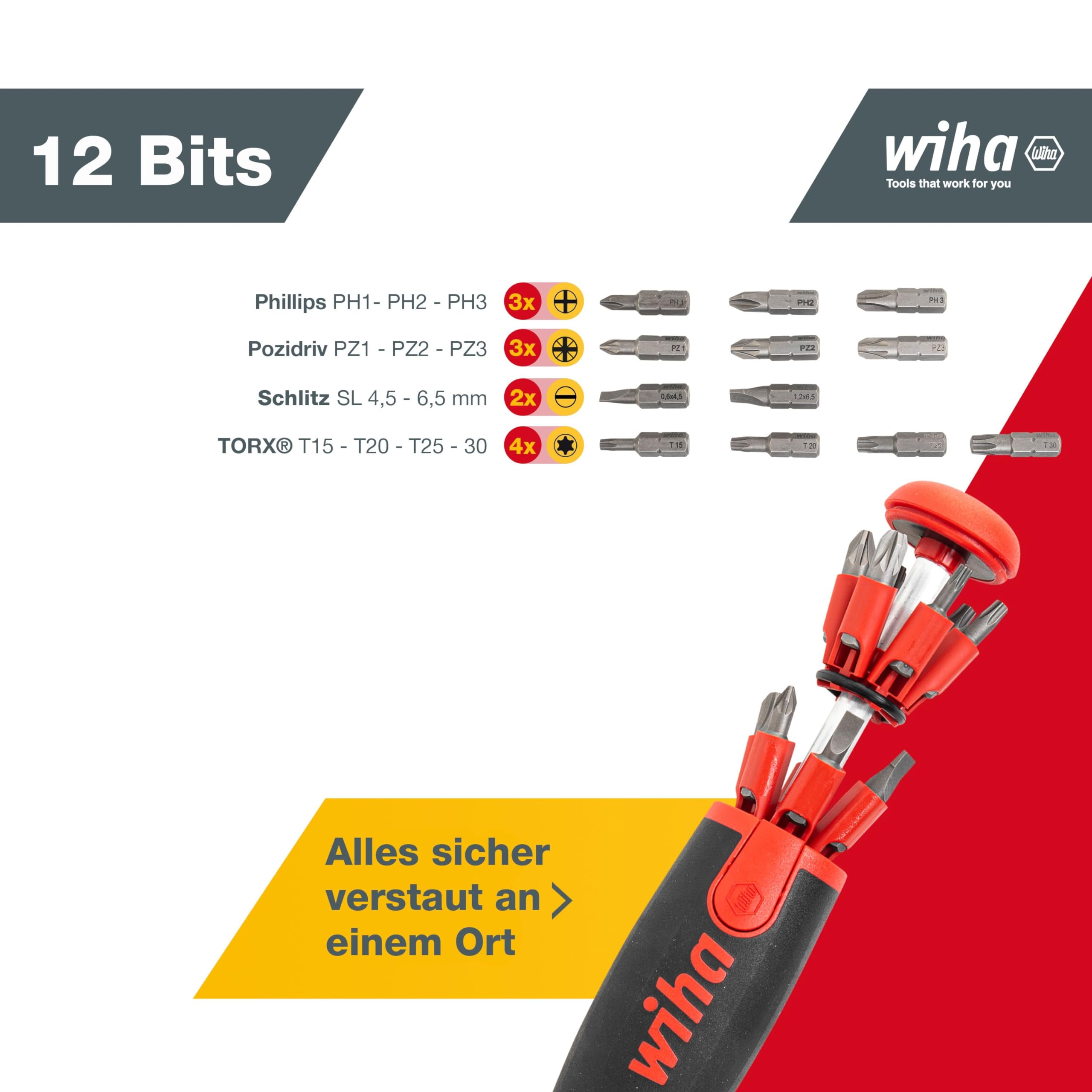 Wiha Destornillador con cargador LiftUp 25 magnético en surtido con 12 bits, de 1/4" (38605)