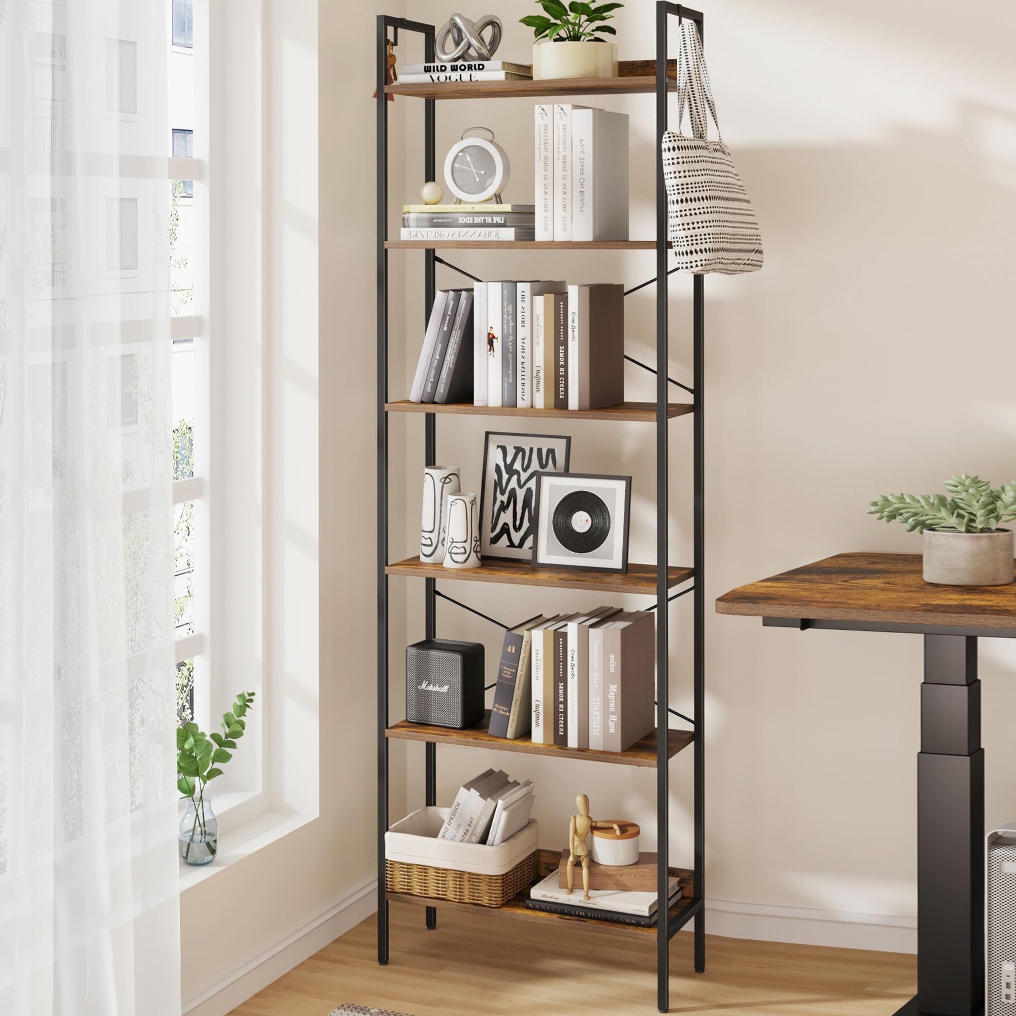 Bookshelf, Book Shelf, Industrial Bookcase with 2 Hooks, Coner Shelf Storage Organizer for Home Office, Living Room, Bedroom, Kitchen, 6-Tier Rustic Brown BC22701B