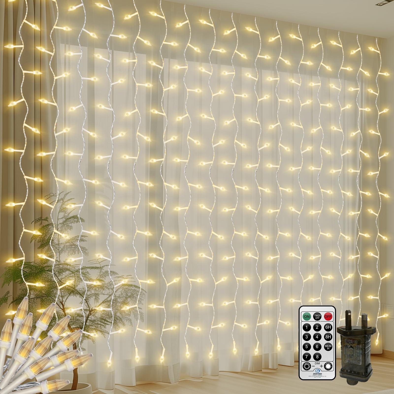 Cortina Luces Navidad,4 x 2 m 300 LEDs,cortina de luz exterior con enchufe,cadena de luces de lluvia helada para Navidad,decoración de vacaciones,bodas,blanco cálido
