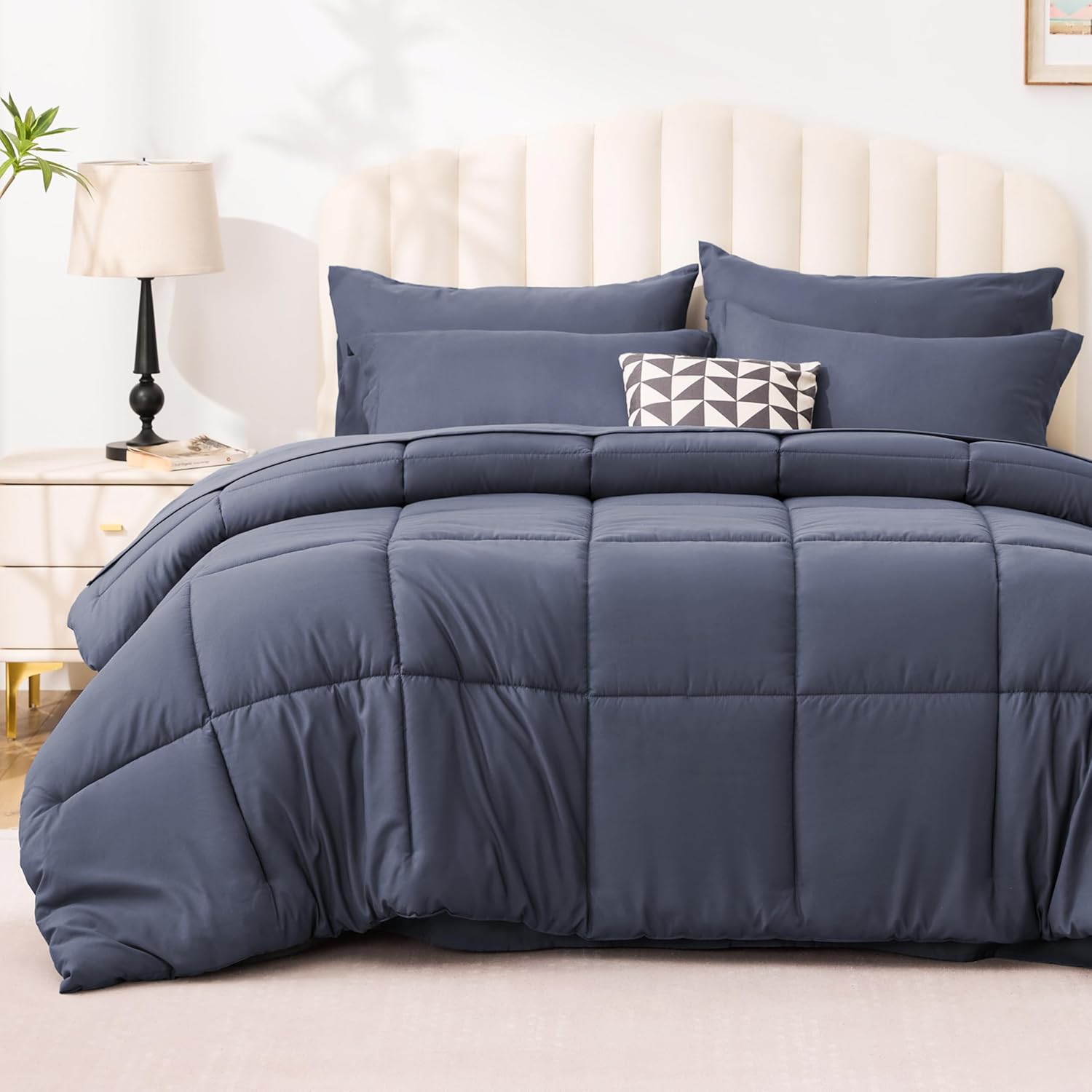 Love's cabin King Size Comforter Set Indigo Blue, 7 Pieces King Bed in a Bag, All Season Bedding Sets with 1 Comforter, 1 Flat Sheet, 1 Fitted Sheet, 2 Pillowcase and 2 Pillow Sham King Indigo Blue