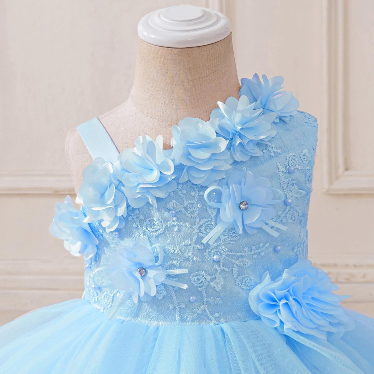 IBTOM CASTLE Infant Baby Flower Girl Dress Asymmetric Shoulder 3D Flowers Toddler Wedding Birthday Party Pageant Tutu Dresses
