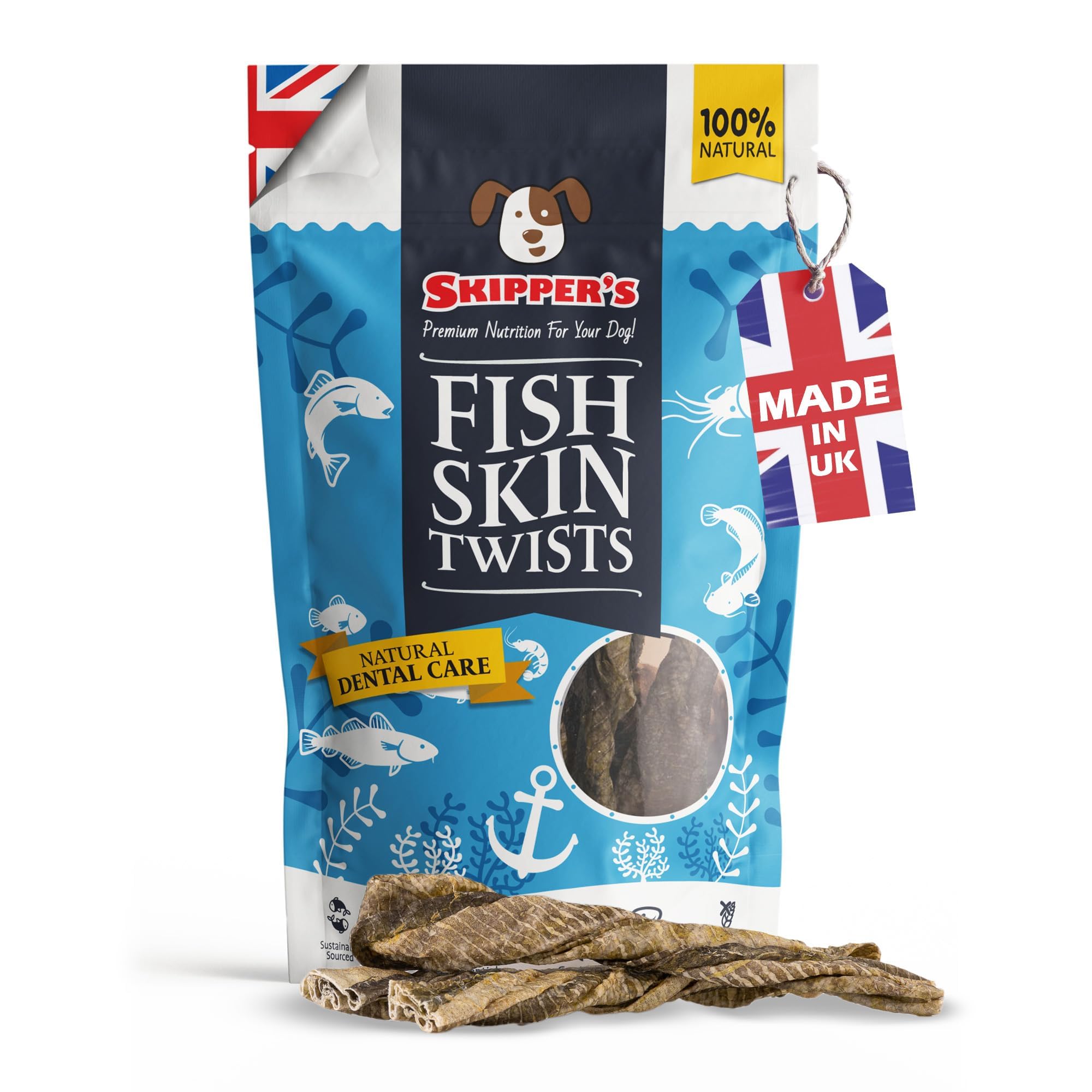 SKIPPER'S Fish Skin Twists Short Dog Chews for Teeth 200g- Handmade & Gently Air- Dried - Healthy & Natural Dog Dental Sticks Long Lasting - Hypoallergenic & Grain Free