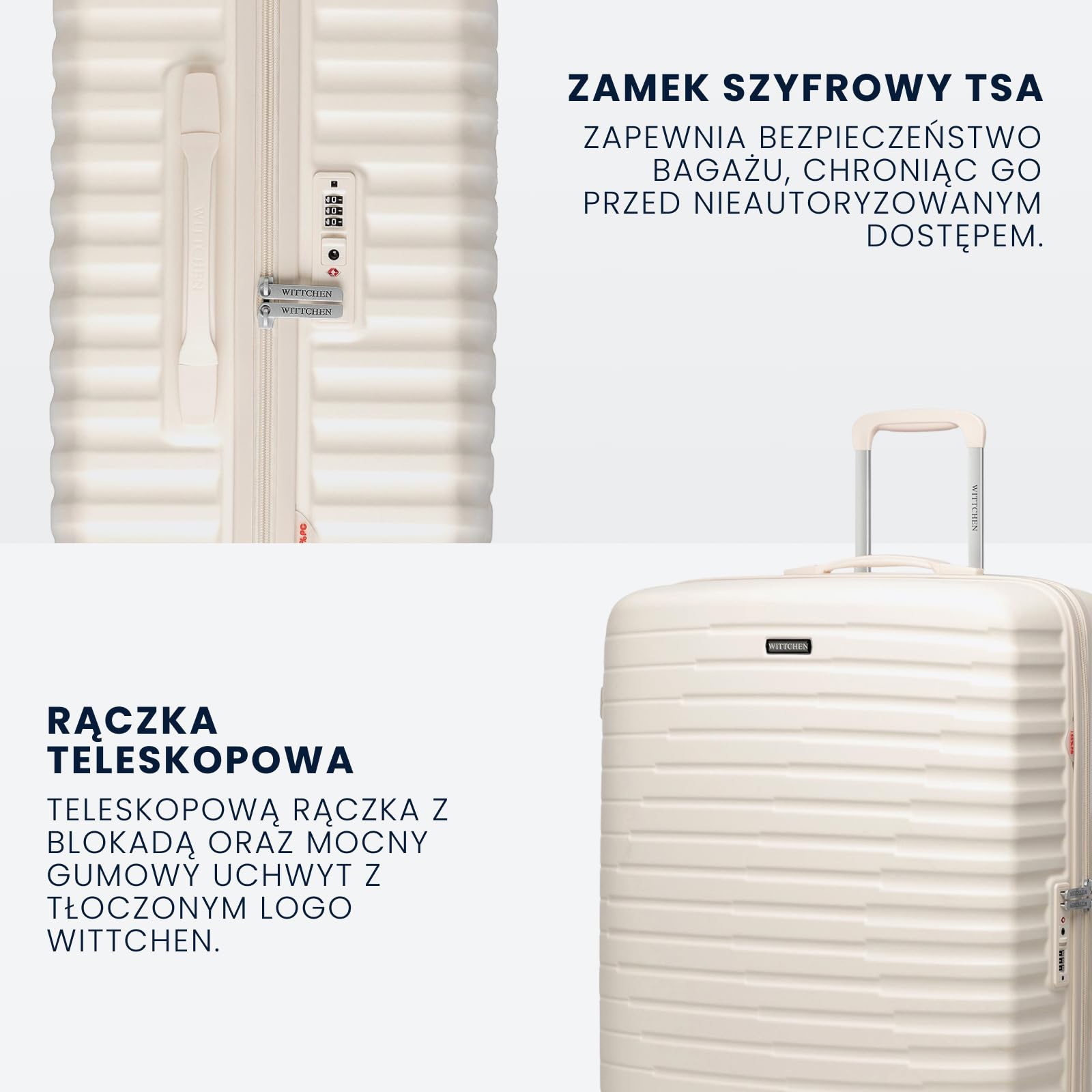 WITTCHEN Motion Line Zestaw walizek M L XL Twardy bagaż Polikarbon Zamek TSA Teleskopowa rączka 4 podwójne kółka 360° Kremowy
