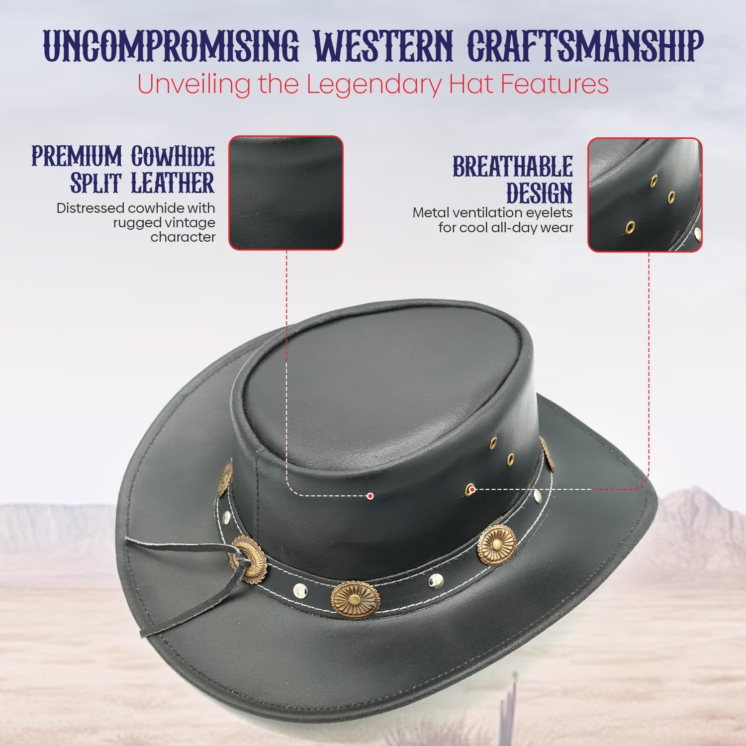 Equine Care Leather Cowboy Hat for Men & Women – Western Rancher Hat with Shapeable Wide Brim & Chin Strap
