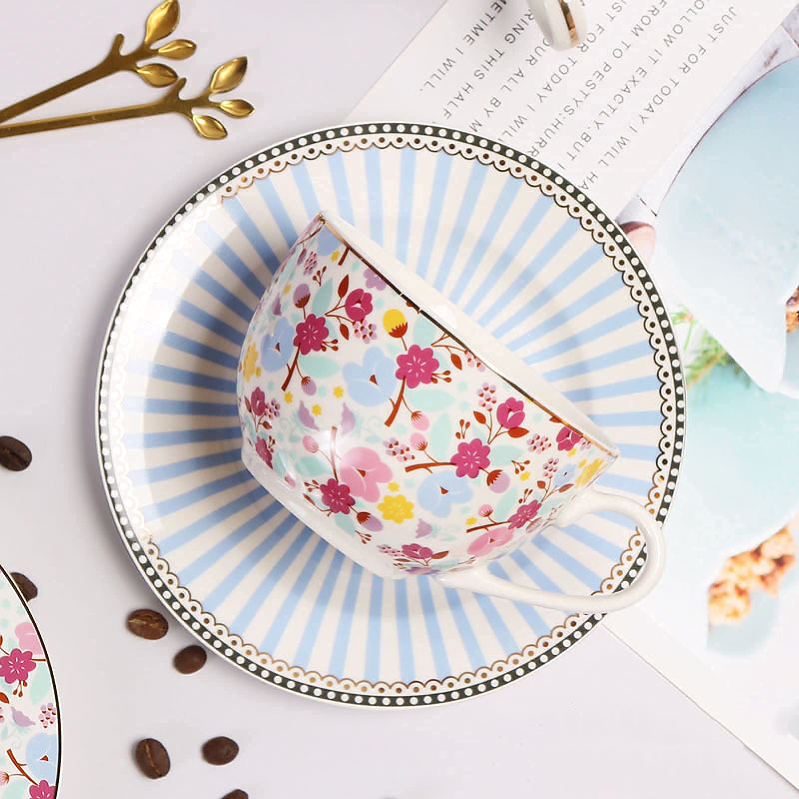 Set di tazzine da caffè in porcellana, set con piattino e tazza da caffè, set di tazze da caffè con piattino in stile corte Tazze da tè in porcellana, set da 2 for tè e caffè in ceramica floreale, for