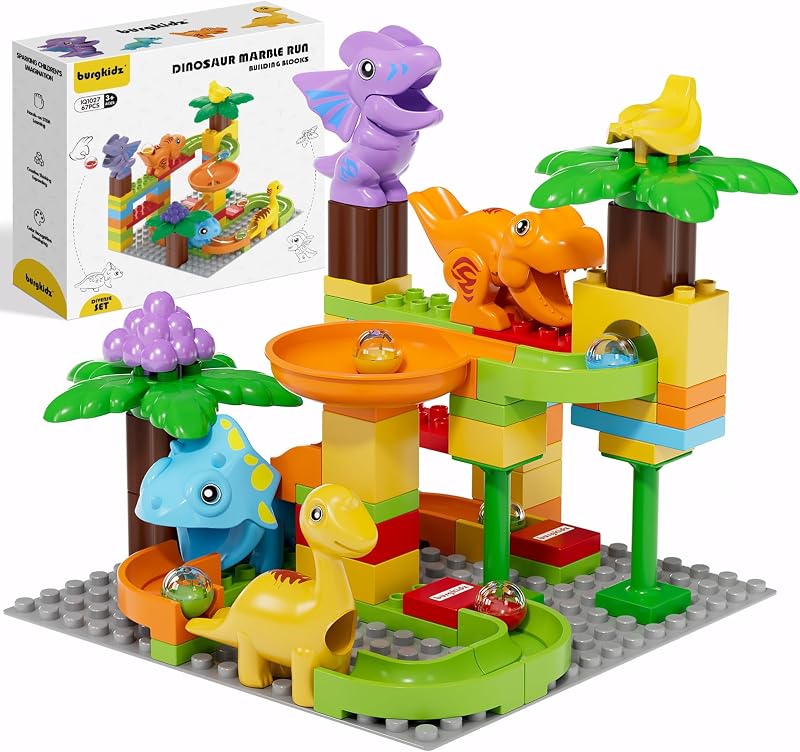 Dinosaur Marble Run Blocks: 67PCS STEM Toddler Building Toy | 4 Dinosaurs & 4 Balls Compatible with Major Brands Interactive Race Track Educational Learning Gifts for Kids 3-8 Age