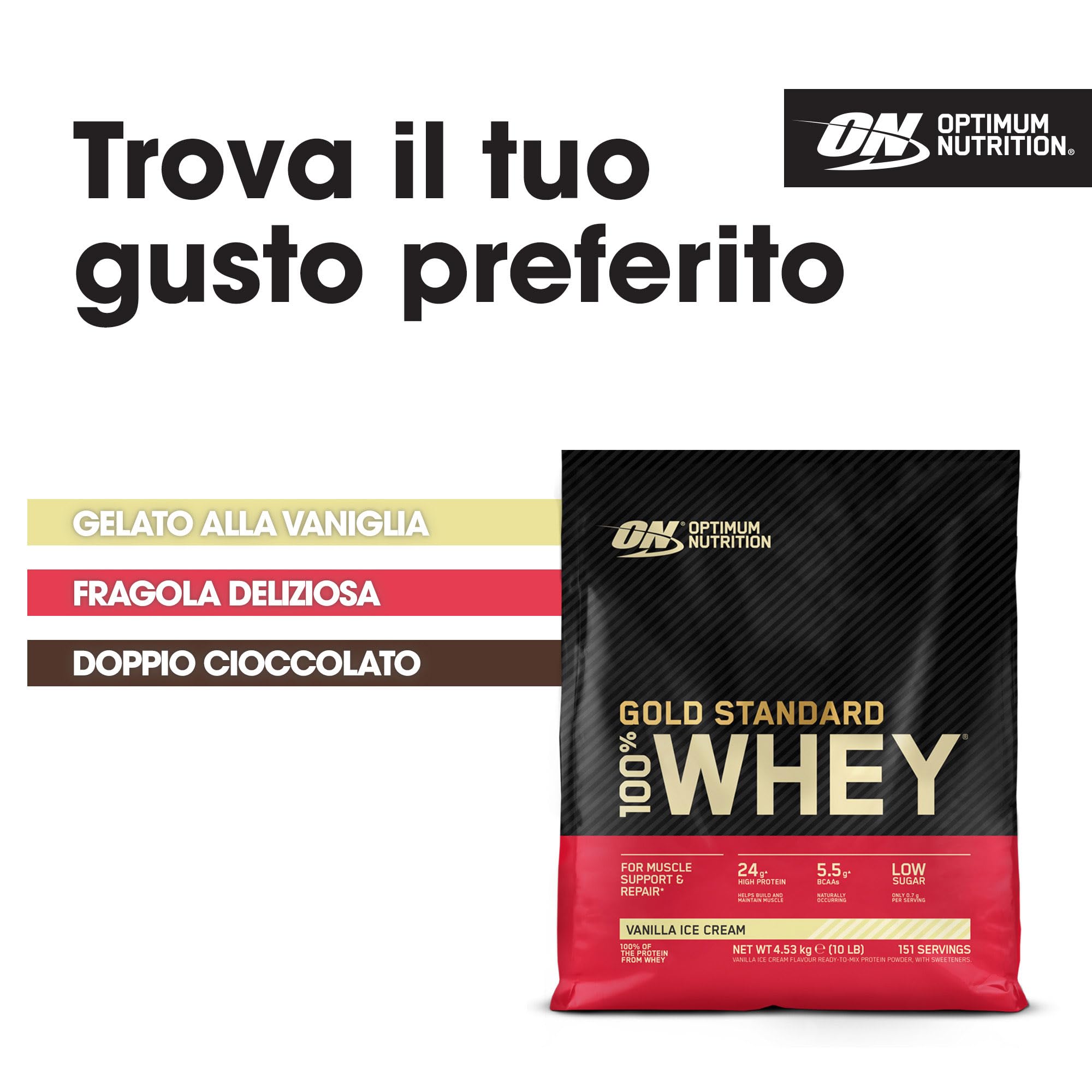 Optimum Nutrition Gold Standard 100% Whey, Proteine in Polvere, Gusto Gelato alla Vaniglia, 4.53kg, 151 Porzioni