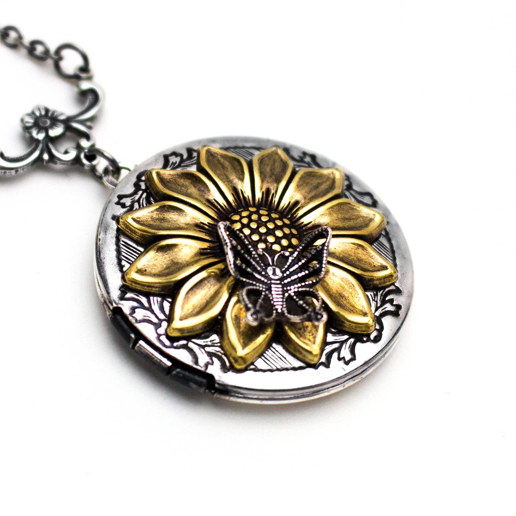 Sunflower and Butterfly Locket Necklace That Holds Pictures - 1.25 Inch Round with 18 Inch Chain