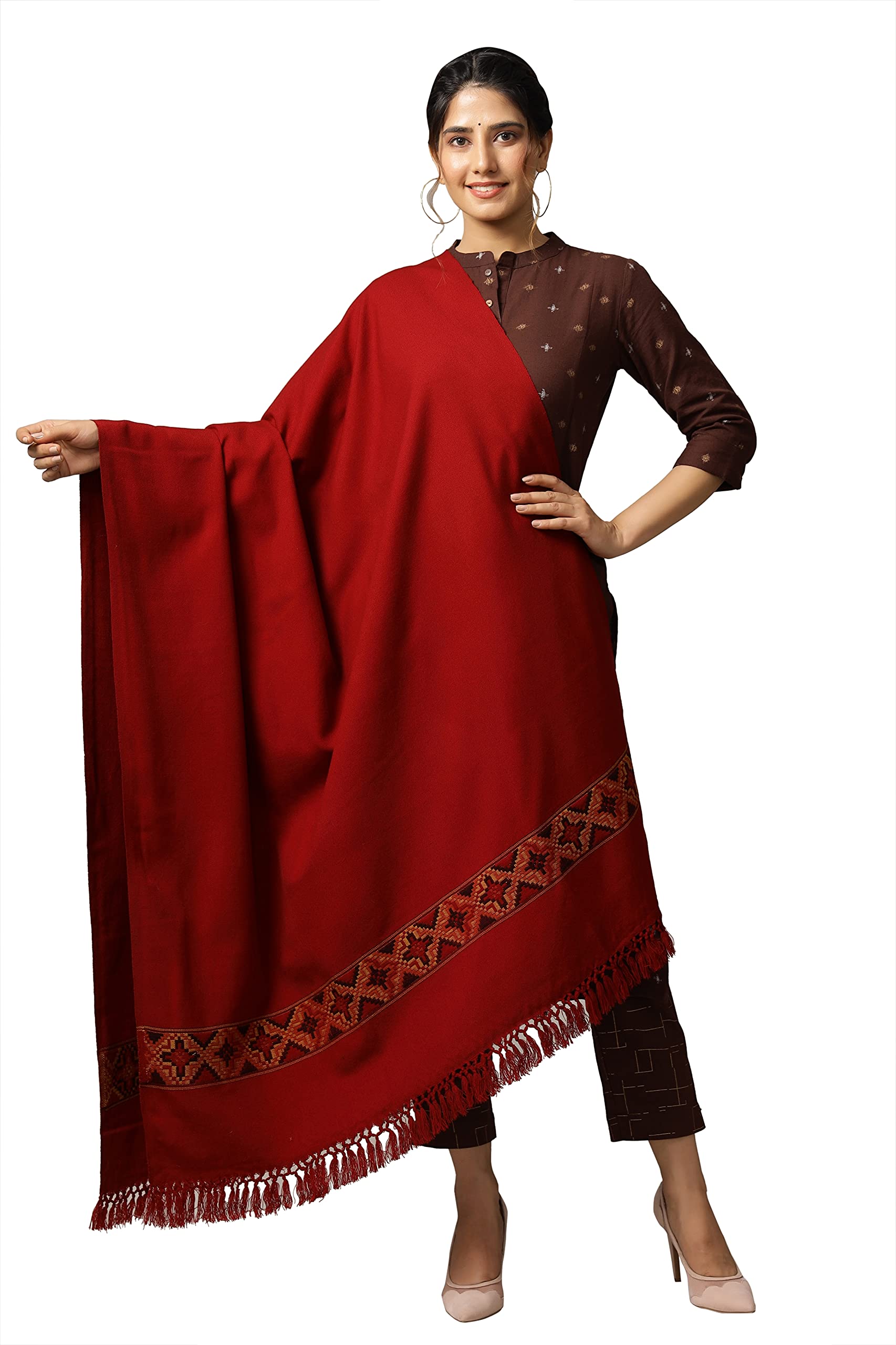 Ravaiyaa - Attitude is everything Hand Woven Wool Kullu Weaving Pallu Designed Shawl for Women's and Girls (80 x 40 IN) (Maroon)-picture-12