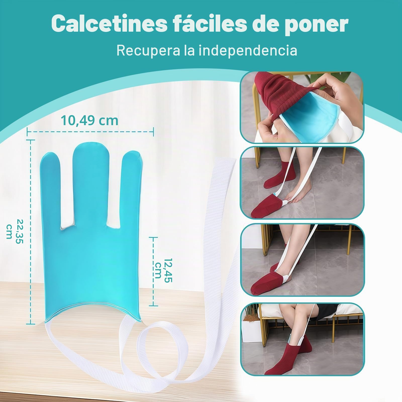 Anziehhilfe para calcetines, asistente de calcetines para fácil colocación sin agacharse, dispositivo con calzador ajustable y mango largo, rascador de espalda para ancianos, personas con