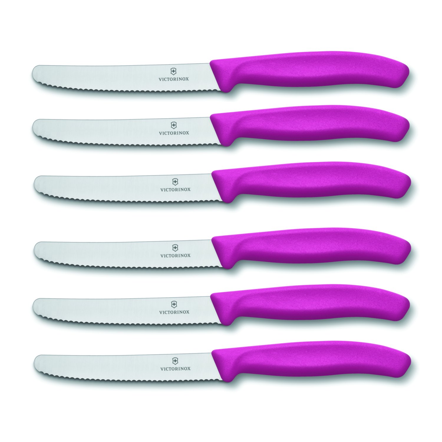 Victorinox Swiss Round Stainless Steel 4.5 Inch Steak Knife with Pink Fibrox Handle, Set of 6