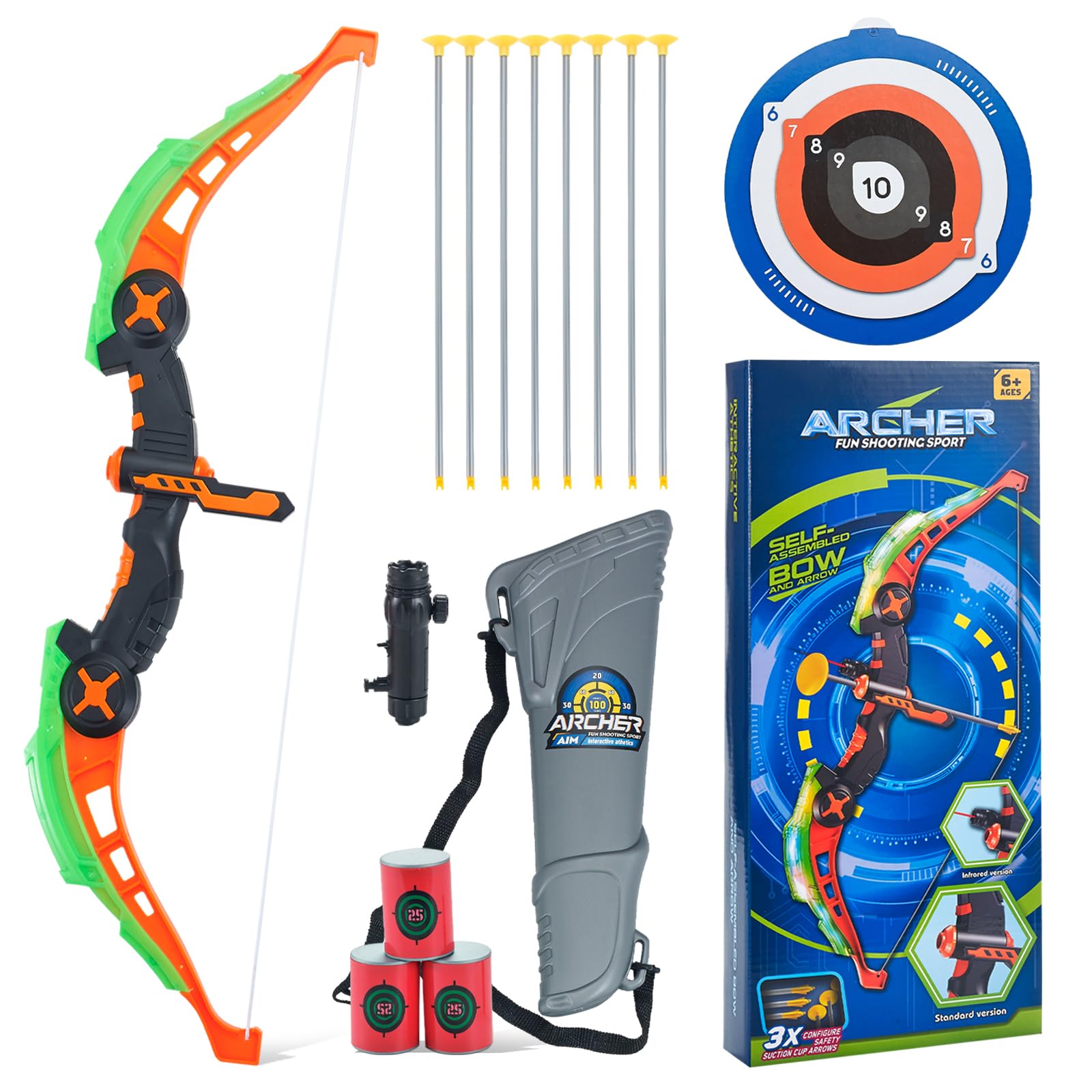 Kids Bow and Arrow Set - 8 Suction Cup Arrows & Target Glow in The Dark Archery Set for Kids 4-6, 8-12 26 Inch Recurve Bow Green and orange