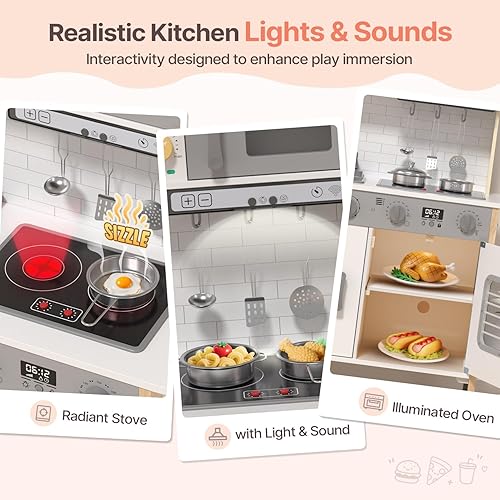 Miniatura 3 de BIERUM Juego de cocina para niños, juego de cocina de madera para niños pequeños con luces y sonidos reales, juguetes de altura ajustable de cocina