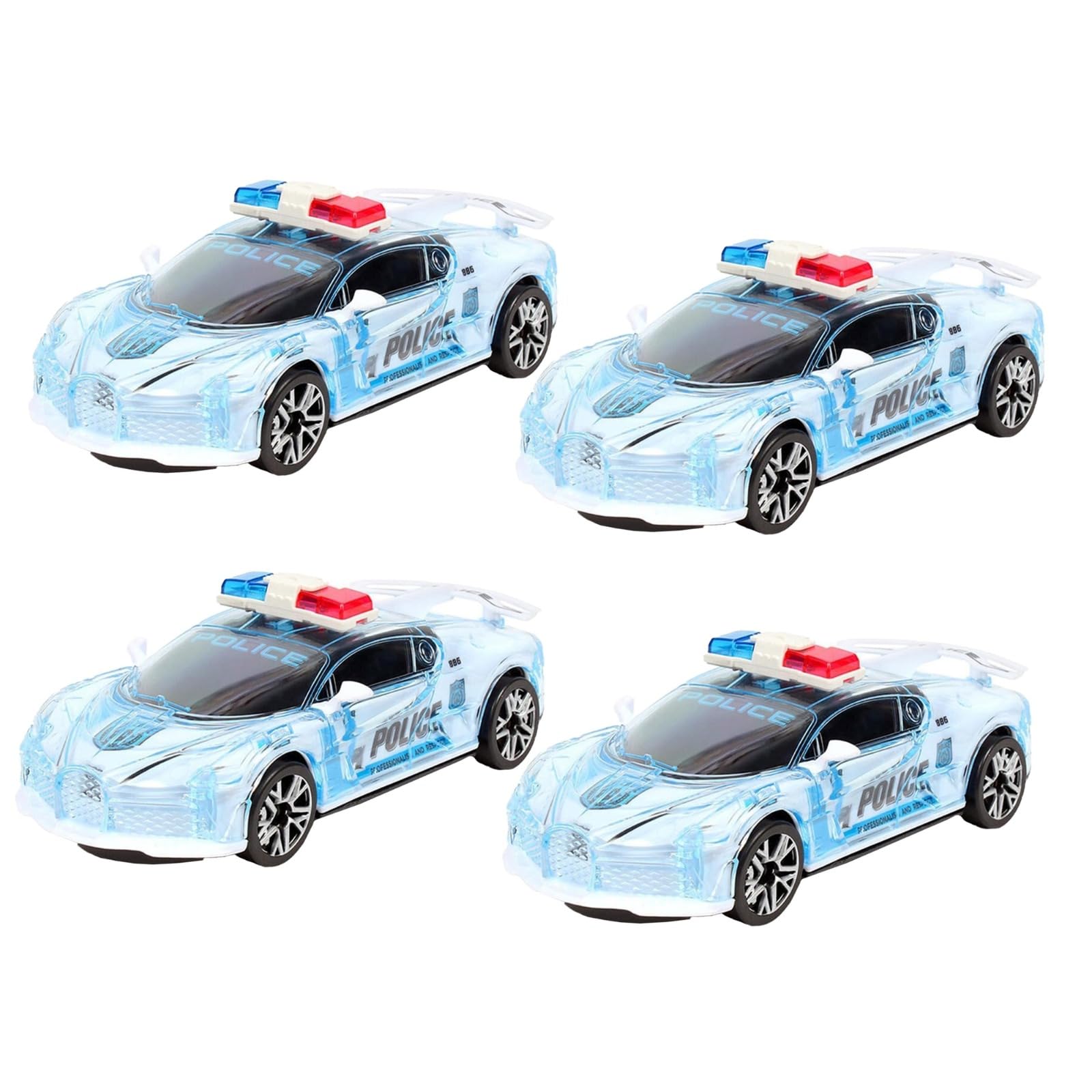 MSQUARE Transparent White Police Toy Car, Pull-Back Mechanism, Eye Catching Design, Flashing LED Light With Police Siren Sound, Long Lasting Fun, (4pcs)