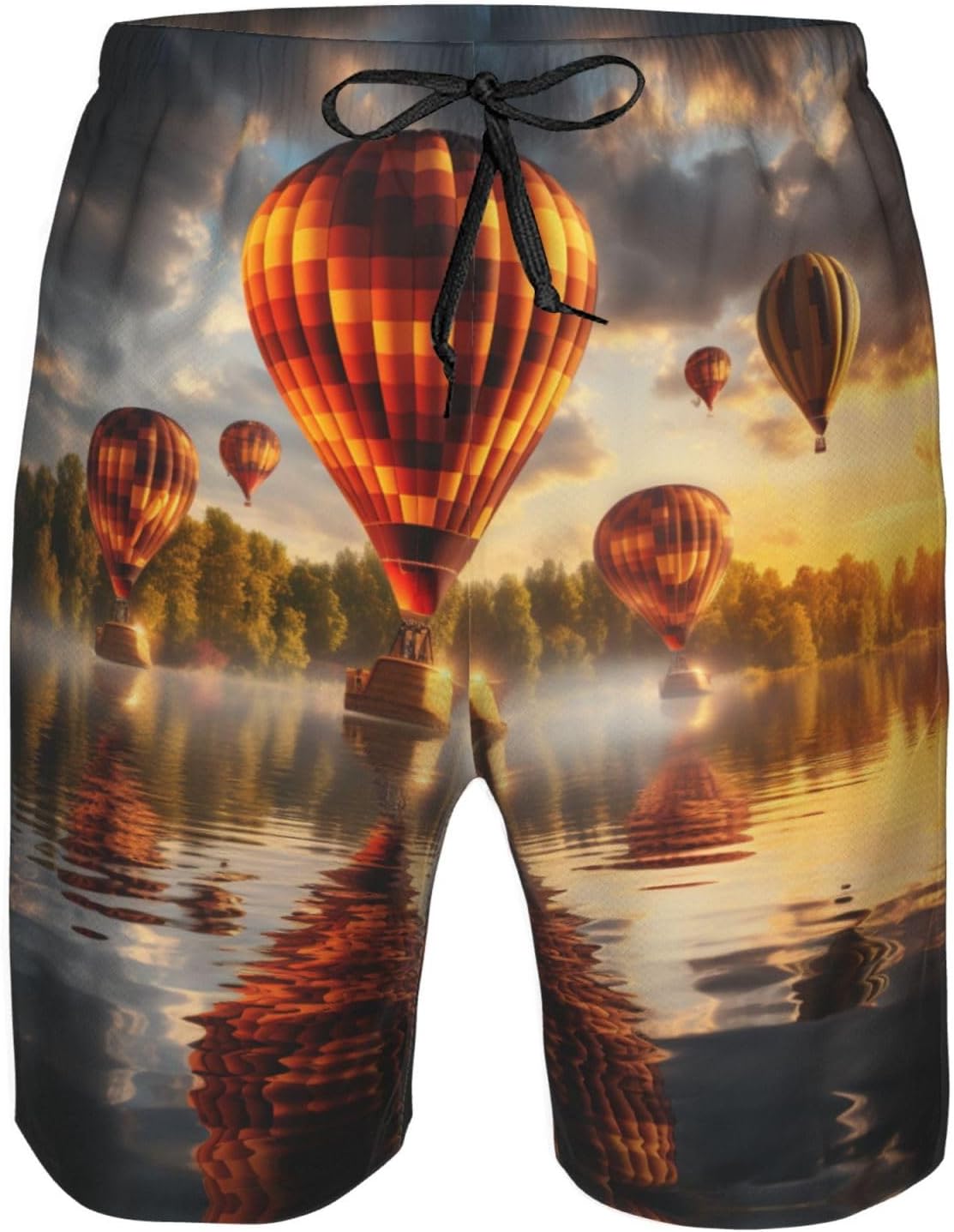 Hot Air Balloon Sunset Print Mens Casual Shorts Drawstring Summer Beach Stretch Shorts Novelty Swimtrunks