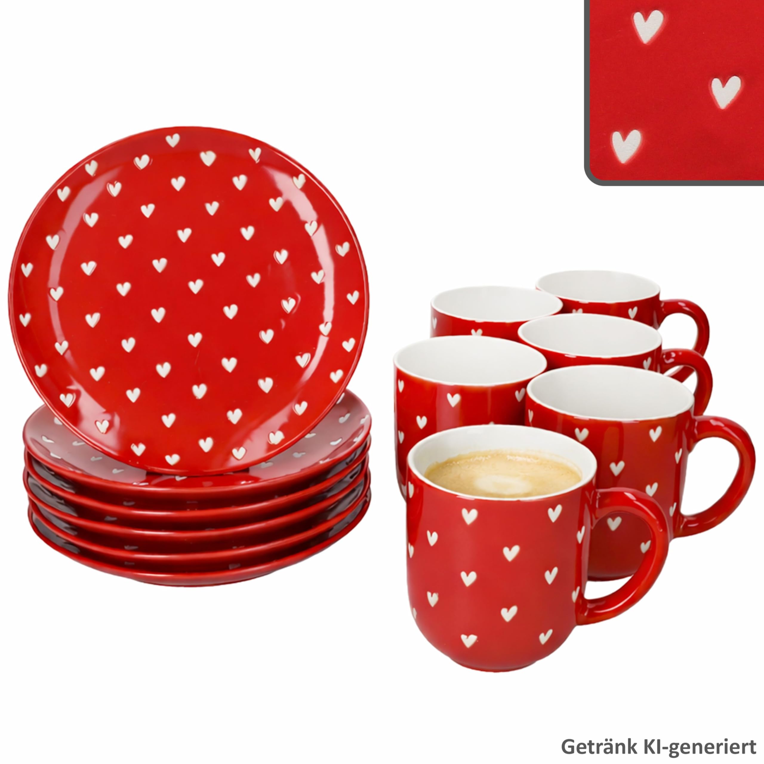 MamboCat Love 12tlg Frühstücksset I 6x Kuchenteller Ø19,5cm & 6x Kaffeebecher 300ml I Porzellan Geschirr rot mit weißen matten Herzen I für Frühstück & Kaffeezeit