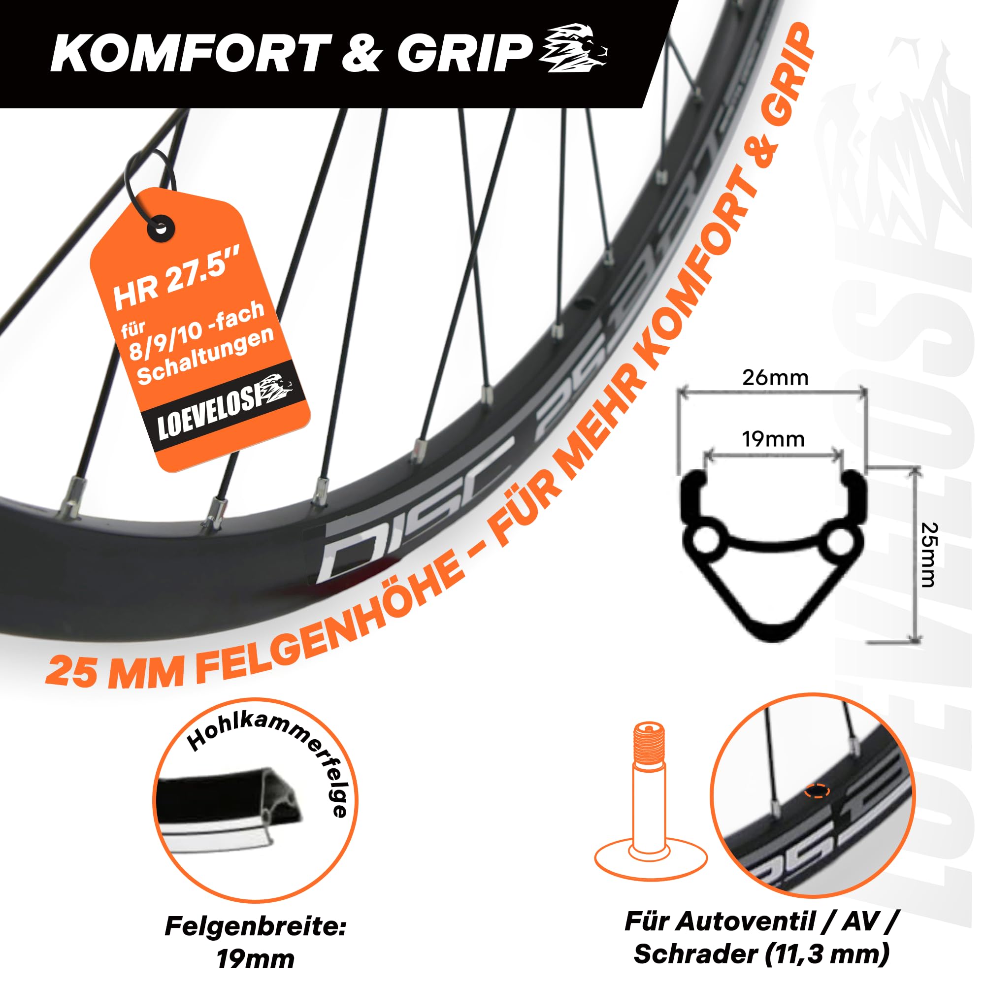 MTB Hinterrad 27,5 Zoll Fahrrad Laufrad - Scheibenbremse 6-Loch - QR 9/10×135 - Shimano HG 8-9-10-11-Fach – Alu Felge & Nabe - 36 Speichen - Schwarz - LOEVELOSI