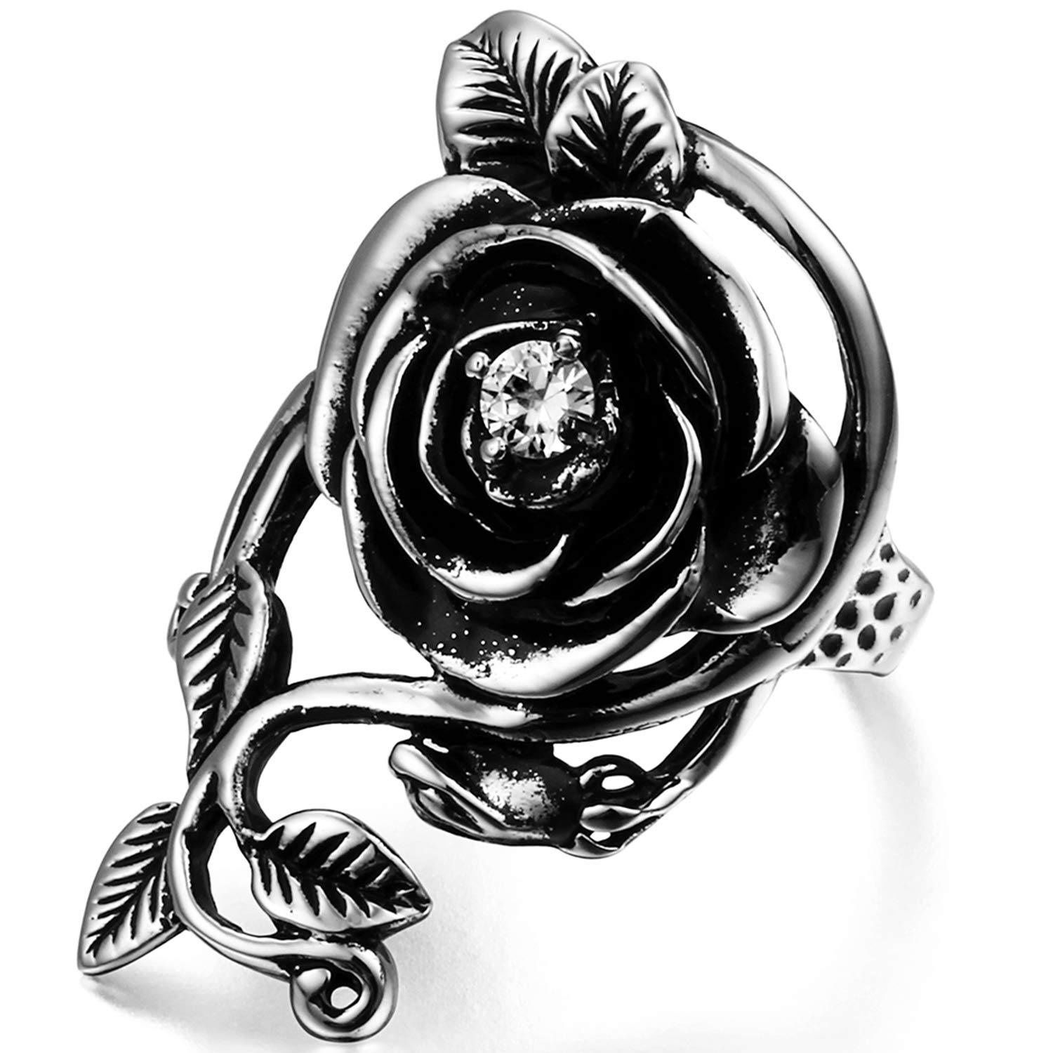 OIDEAAnillo vintage de acero inoxidable, diseño de flor de vid para mujer, color negro y plateado