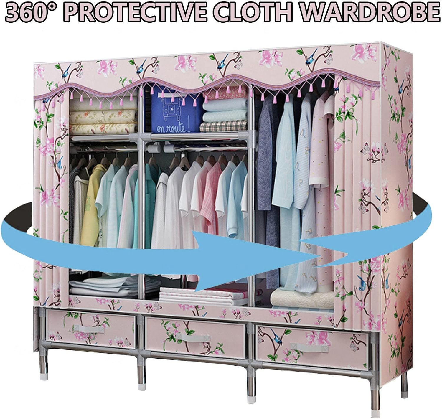 Canvas Wardrobe, Portable Wardrobe Shelves, Foldable Closet with Hanging Rail, Fabric Wardrobe for Clothes, Bags,B-150x45x168cm