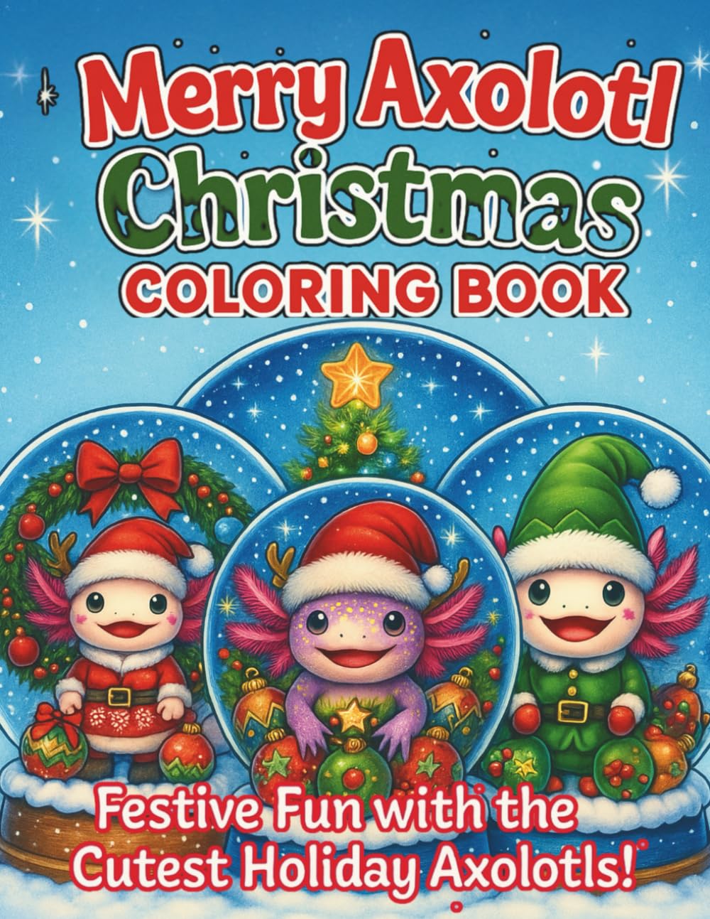 Merry Axolotl Christmas Coloring Book: This adorable coloring book is filled with axolotls snuggled inside sparkling snow globes, festive holiday scenes, and snowy surprises. Perfect for kids who