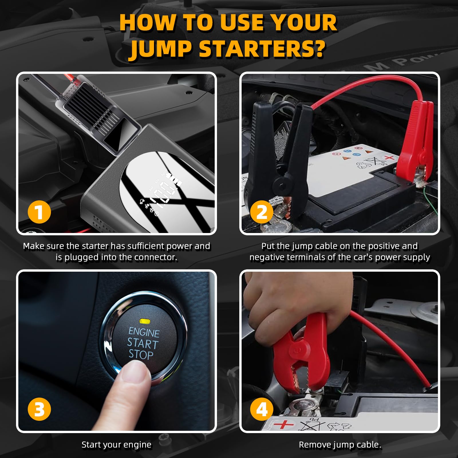 4000A Jump Starter Power Bank Car per avviamento a 12 V, Jump Starter portatile con porte USB Quick Charge 3.0, torcia a 3 modalità e cavo jumper (fino a 9,0 L benzina, 7,0 L diesel)