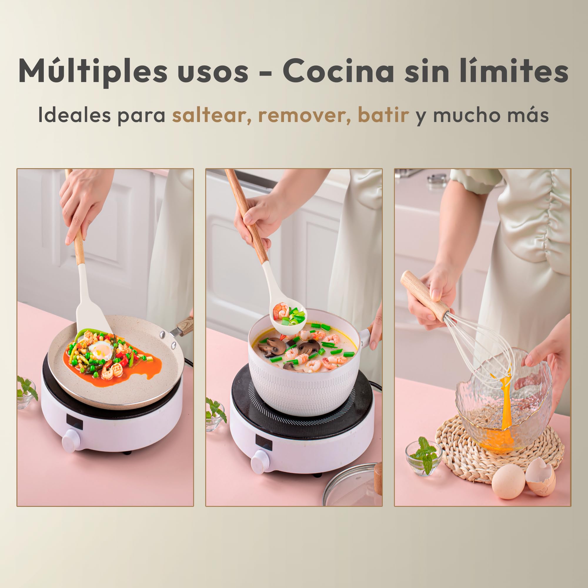 JUPPLIES Juego de Utensilios de Cocina de Silicona 19 Piezas con Cuchillos, Tijeras y Tabla de Cortar – Set Antiadherente Resistente al Calor – Apto para Todas Las Ollas y Sartenes - Beige — view 7