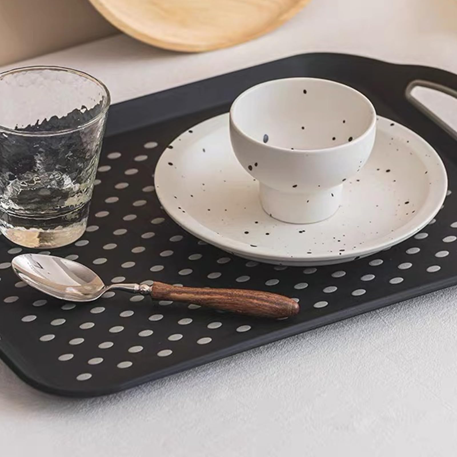 Bandejas rectangulares antideslizantes con asas, platos de plástico negro para alimentos, bebidas, té, 42 x 29 cm, vajilla duradera y elegante