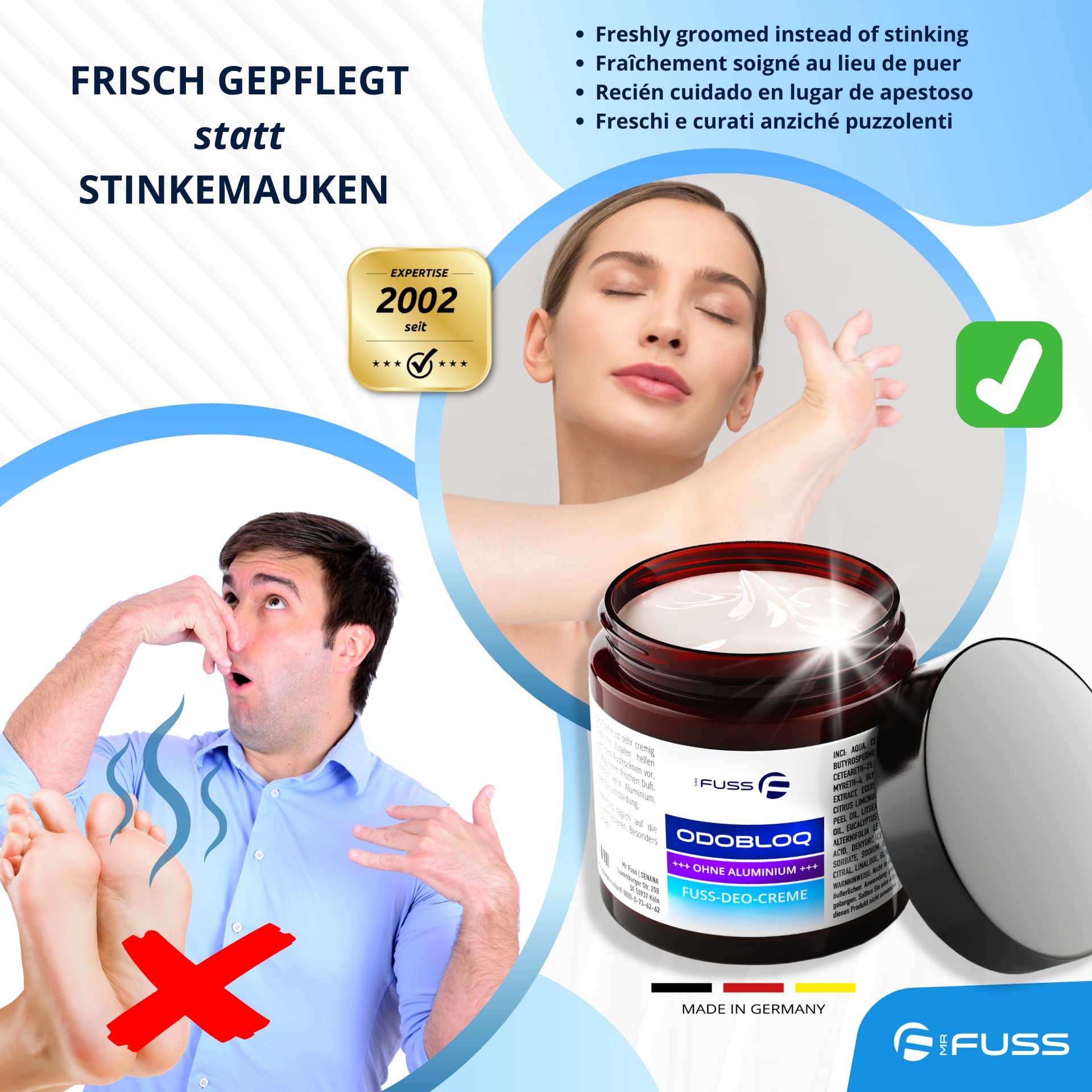 Mr. Fuss® ODOBLOQ Dezodorant do usuwania nieprzyjemnych zapachów, krem przeciw poceniu się stóp i silnemu zapachowi stóp – bez aluminium – 100 ml – krem do pielęgnacji stóp dla kobiet i mężczyzn
