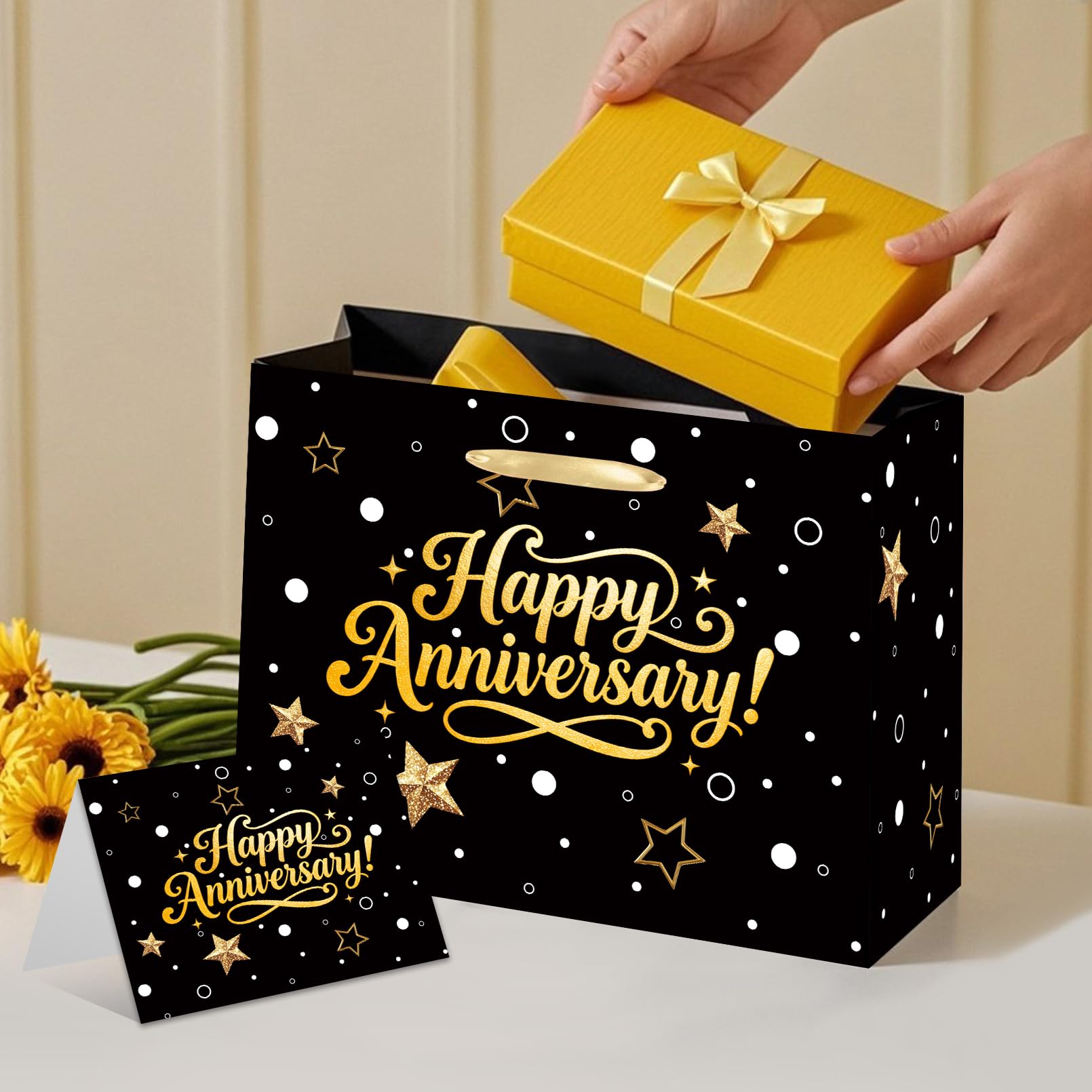 Black Gold Happy Anniversary Party Gift Bag - Large Wedding Gift Wrapping Bag with Tissue Paper and Greeting Card, Ideal for Wedding, Parents, 50th Golden Jubilee & Work Anniversary Party Decorations